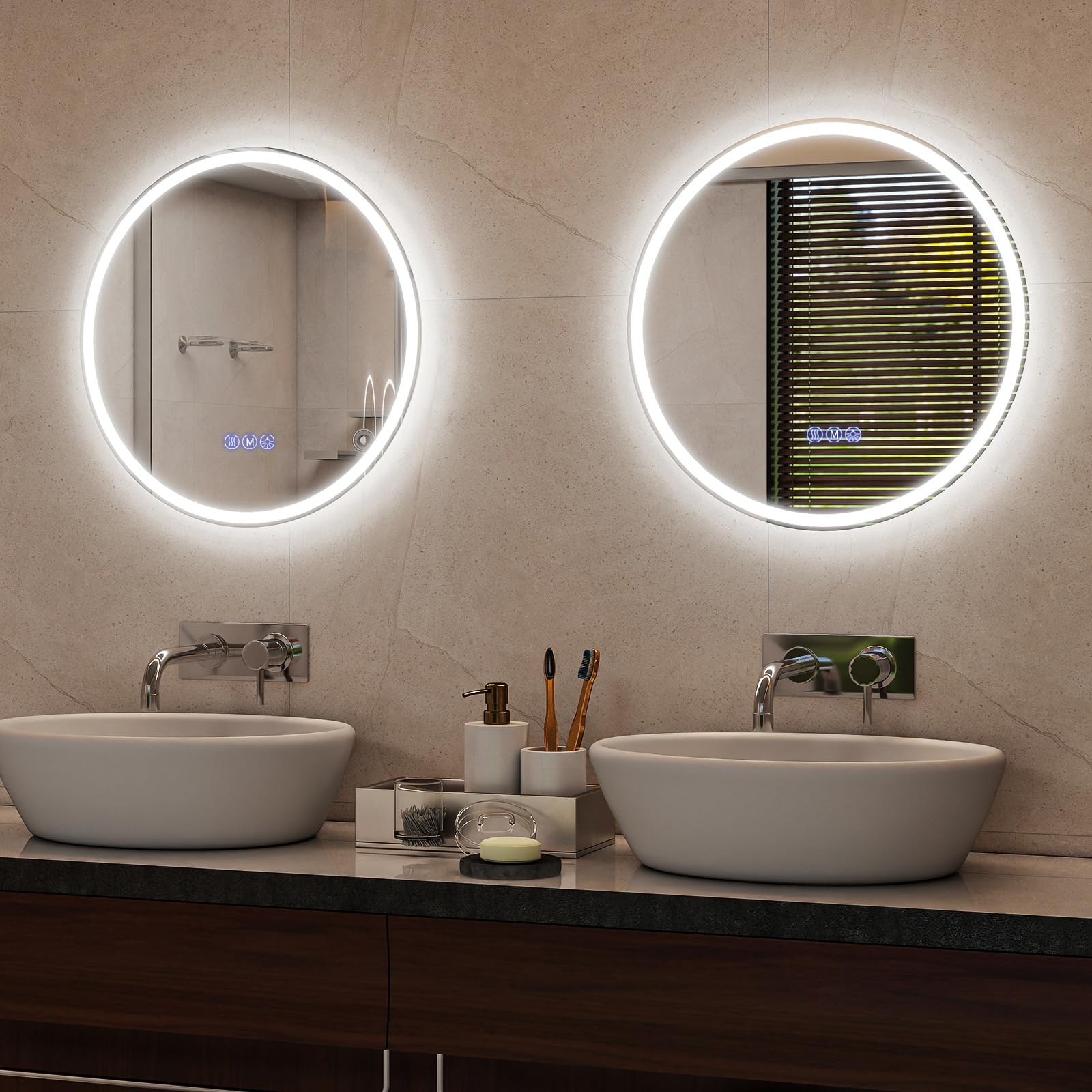 Koonmi runder LED Badspiegel 60 cm, dimmbar | Wandspiegel mit 3 Lichtfarben, Antibeschlagfunktion und bruchsicherem Glas für Badezimmer und Waschtisch
