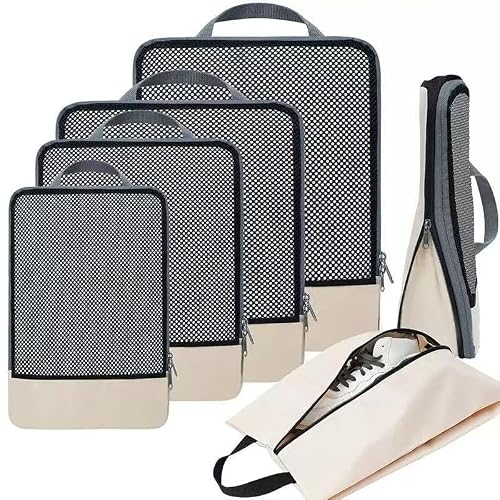 LSLCQW 6 Set Lightweight Compression Packing Cubes with Packing List, Anti-Tearing Expandable Organizer Bags for Travel,(Beige)