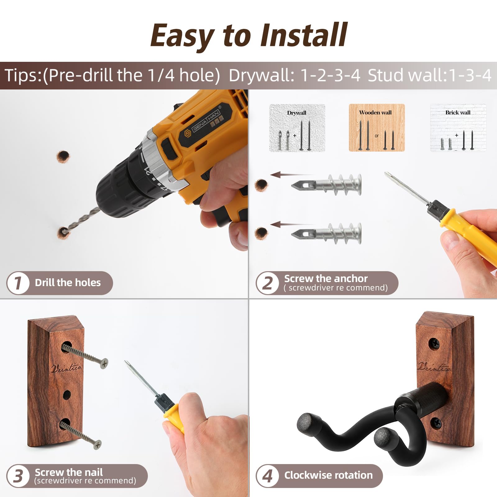 Paquete de 4 soportes de pared para guitarra, ganchos para guitarra, soportes para guitarras acústicas y eléctricas, bajo, banjo, mandolina, base de madera de nogal negro.