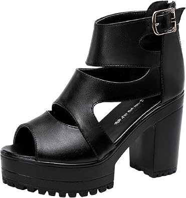 WomenS Gothic Hollow Out High Top Chunky Heel Sandals Summer Breathable Fish Mouth Pointed Toe Adjustable Ankle Strap Anti-Slip Platform High Heels Roman Sandals