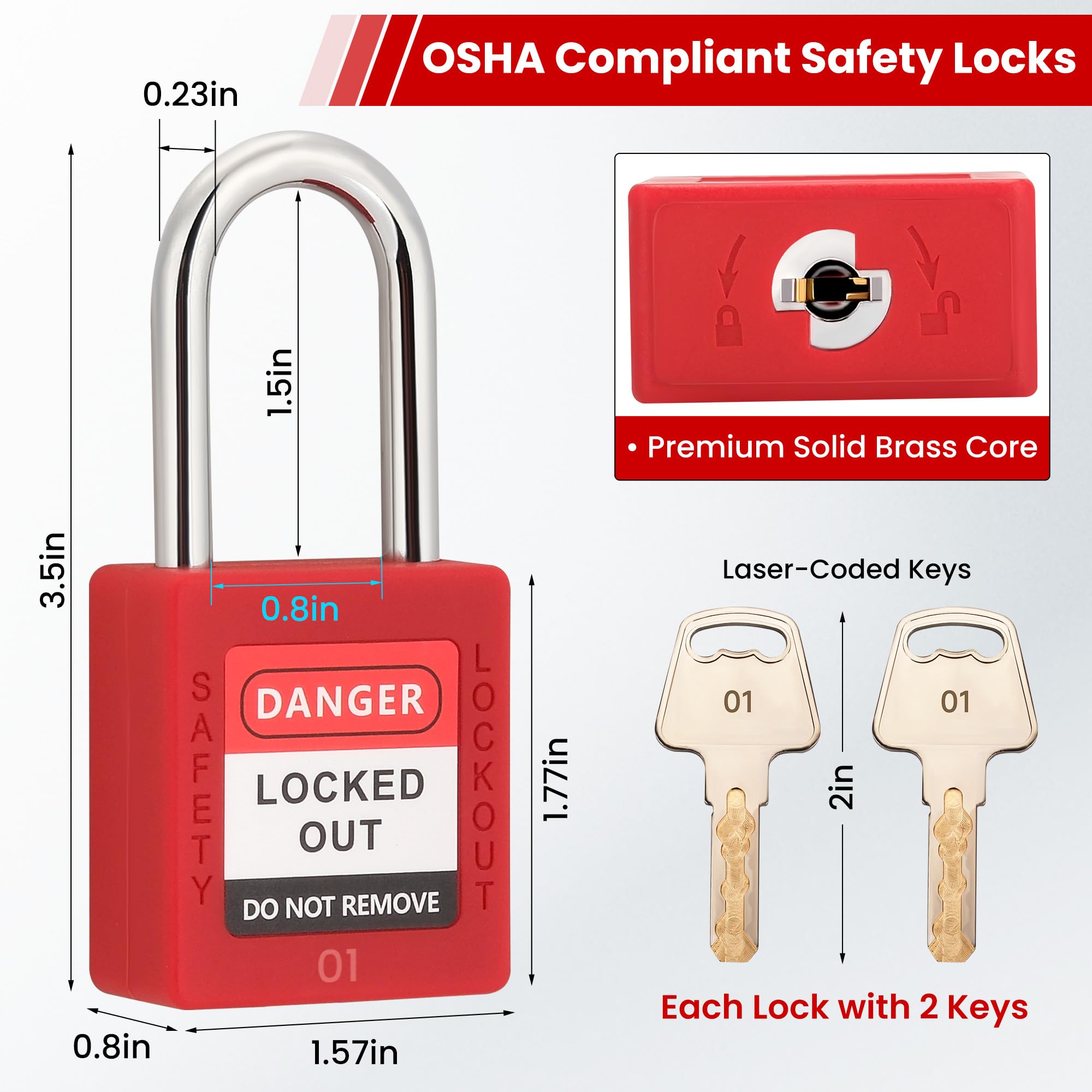 Juego de 50 candados de seguridad rojos compatibles con OSHA con 2 llaves cada una y etiquetas de etiquetado de bloqueo, diferentes cerraduras LOTO con llave para kits de bloqueo eléctrico