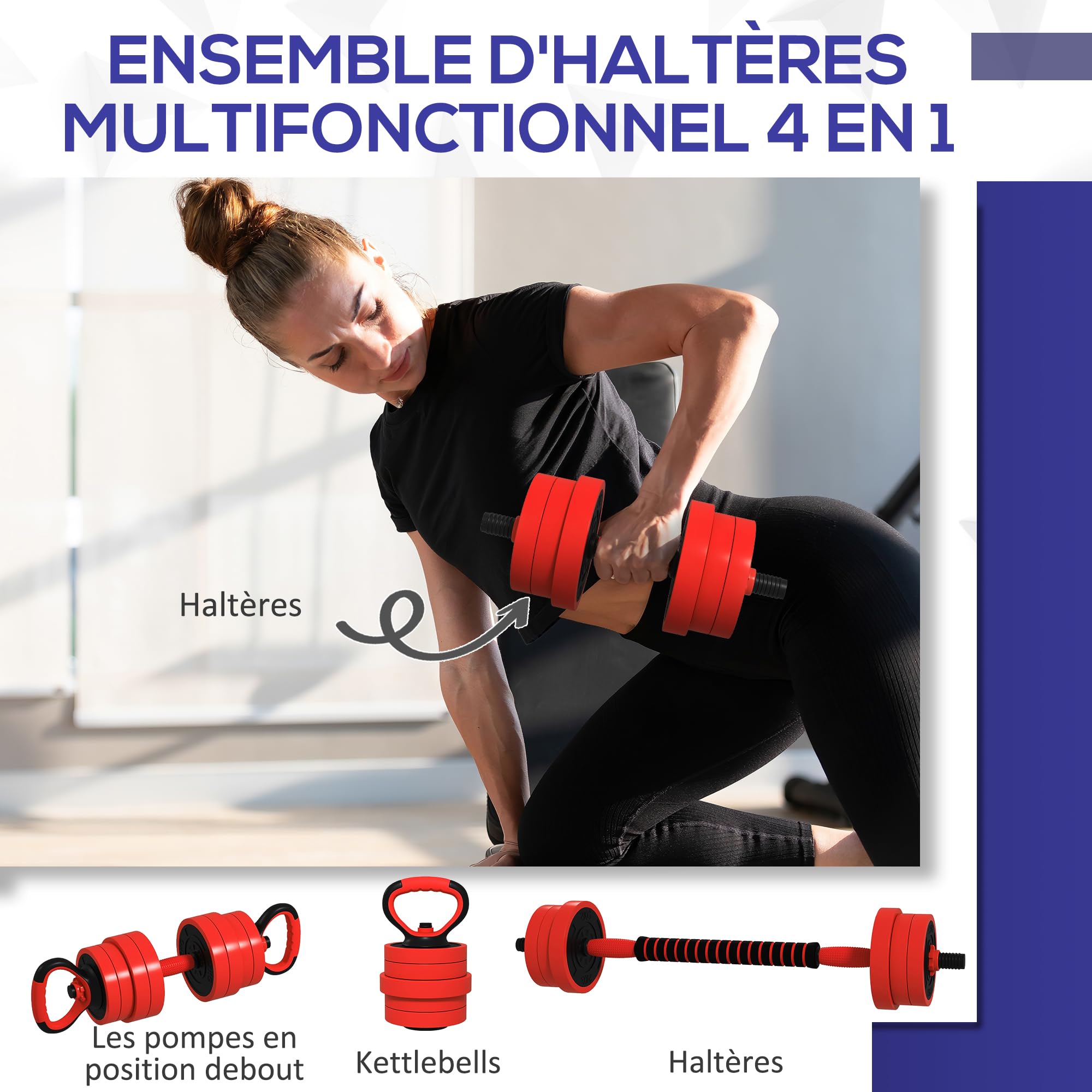 SPORTNOW hantle do treningu siłowego 4 w 1, regulowane hantle, 20 kg, z krążkami i prętami, klamrami zabezpieczającymi, powłoką z tworzywa sztucznego, do sprzętu fitness, sprzętu domowego, czerwone