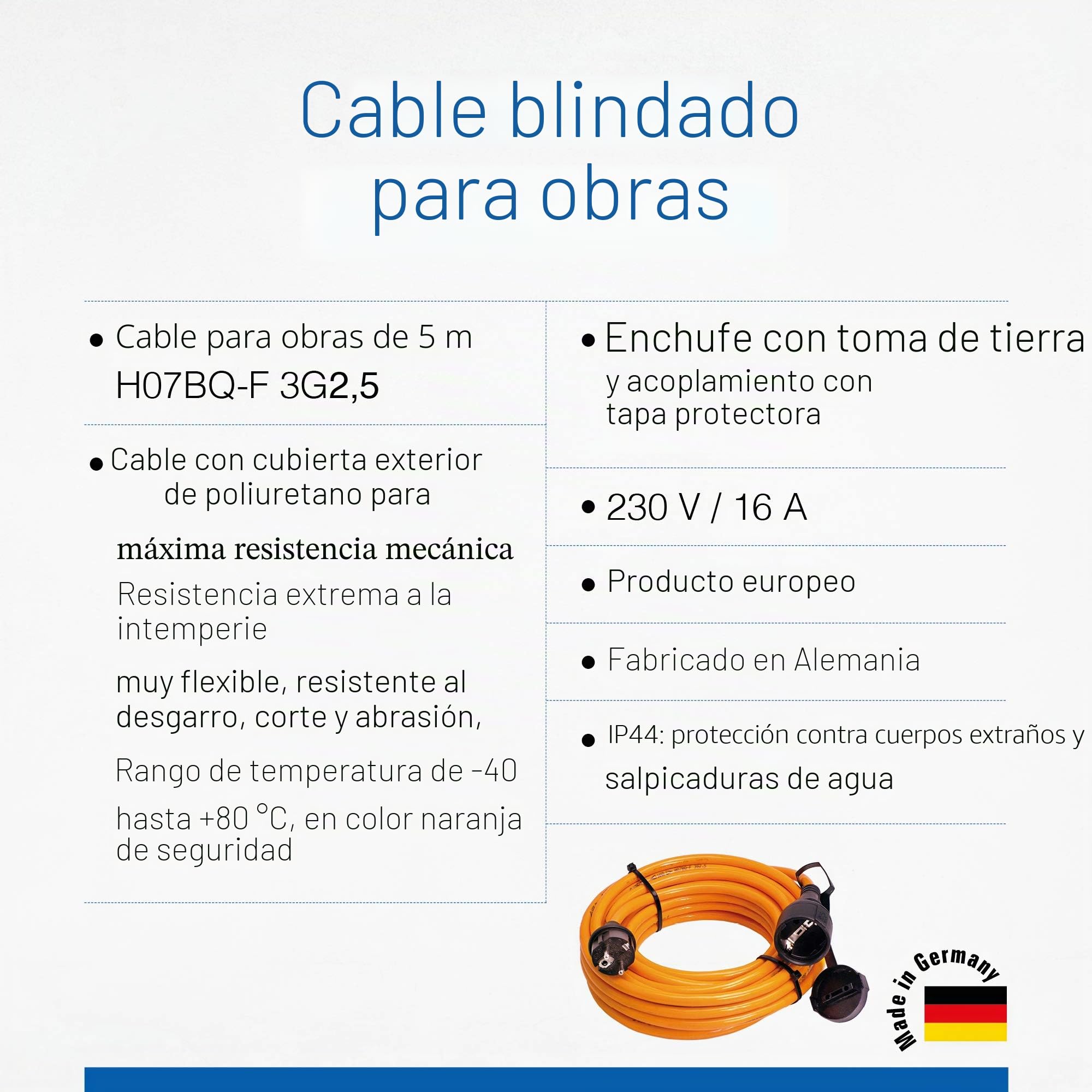 as - Schwabe alargador de Cables 5 m H07BQ-F 3G2,5 - Cable de extensión 230 V / 16 A / 3.500 W - con Tapa de protección - Resistente al Polvo y a Las Salpicaduras IP44 - Naranja, 59205