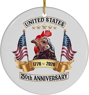 Speckled Sussex Chicken Hen 250th Anniversary USA 1776-2026 Christmas Ornament Circle Ceramic American Patriotic 4th July Decoration Gifts for Sussex Chicken Lovers