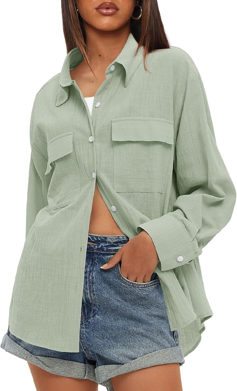 Darong Women's Button Down Long Sleeve Shirts Cotton Blend Casual Oversized Boyfriend Loose Fit Blouse Top - Image 2