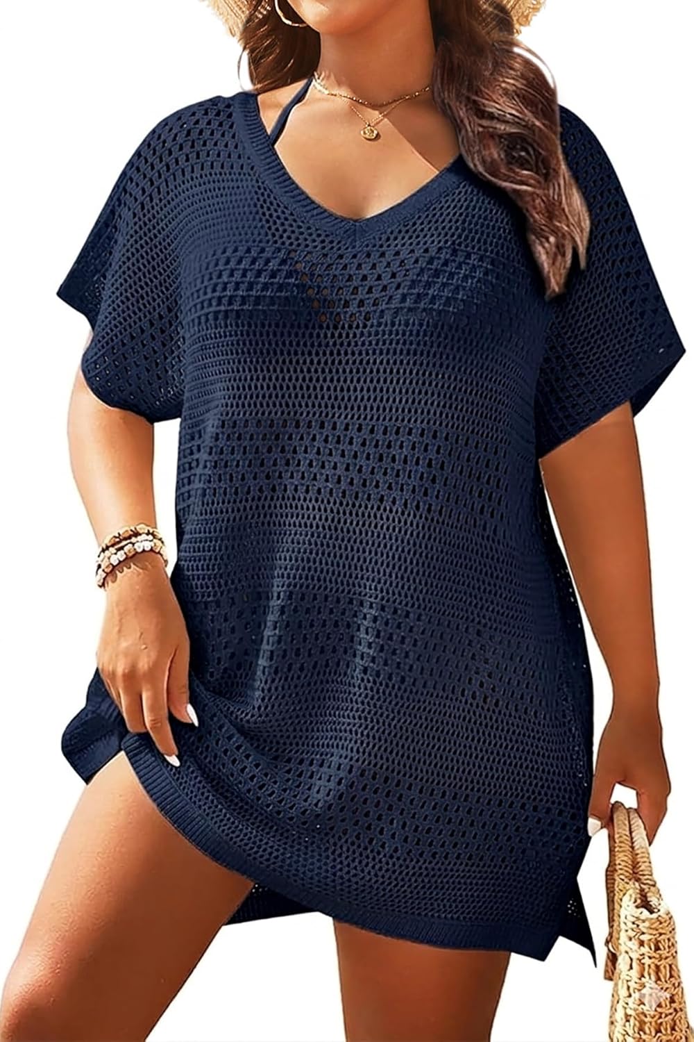 Yonique Plus Size Swimsuit Cover Up - Crochet Swim Cover Up 2025 Bathing Suit Short Sleeve Beach Dress