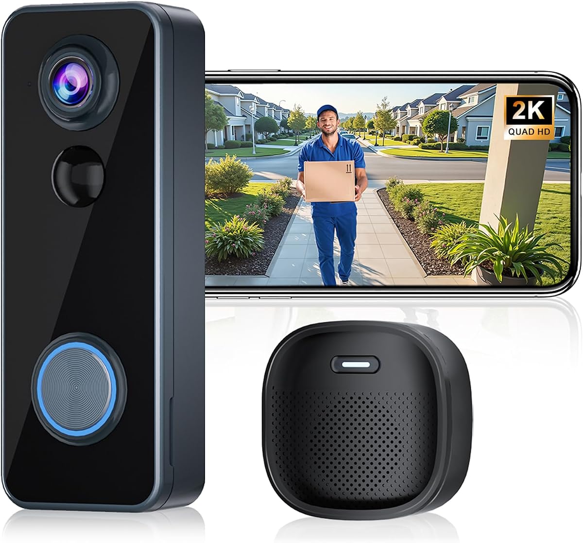 Cámara con timbre con vídeo inalámbrica sin suscripción, vista panorámica de 2K HD de 180° | Audio bidireccional, timbre de puerta con vídeo doméstico inteligente con timbre, alimentado por batería, detección de movimiento y alertas, funciona solo con Alexa 2,4G WIFI