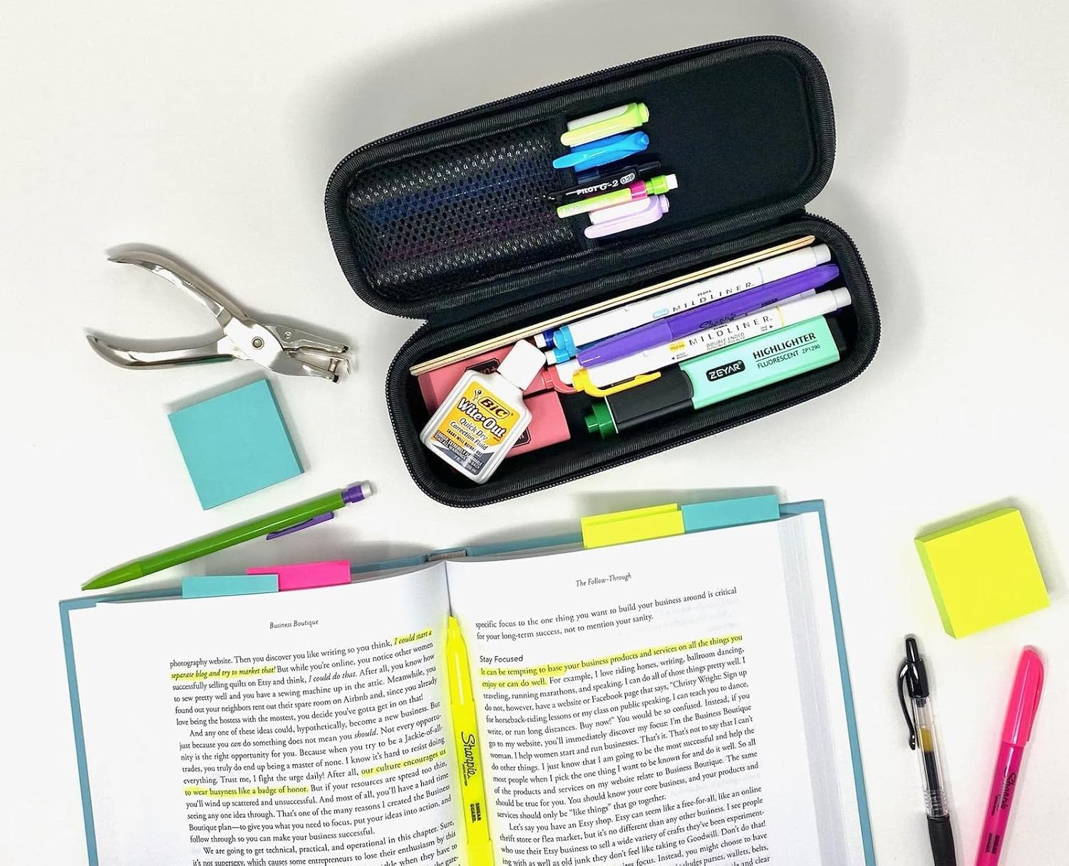 Arber Large Capacity Pencil Pen Case - Simple Zipper Organizer Box - Hard Sided Slim Art Pouch Bag for Colored Markers - Adults Teens Office Supply College (Black)