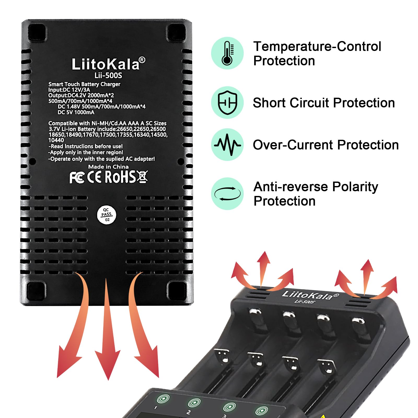LiitoKala Lii-500S Szybka ładowarka do baterii z ekranem dotykowym LCD, mobilne wyjście USB 5 V, dla 26650 18650 14500 Li-Lion (4,2V) AA AAA Ni-MH, adapter trybu testu/rozładowania 12V3A, 4