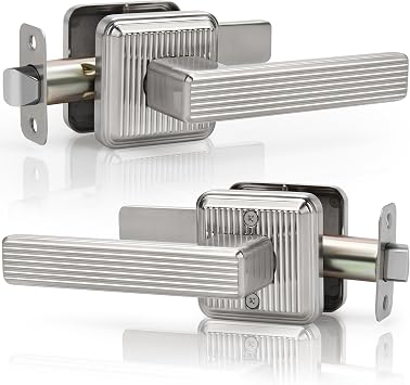 Square Non-Locking Heavy Duty Brushed Nickel Door Handle, Stripe Style Passage Door Lever Without Lock, Reversible Door Handle for Closet & Hallway, Satin Nickel Finish