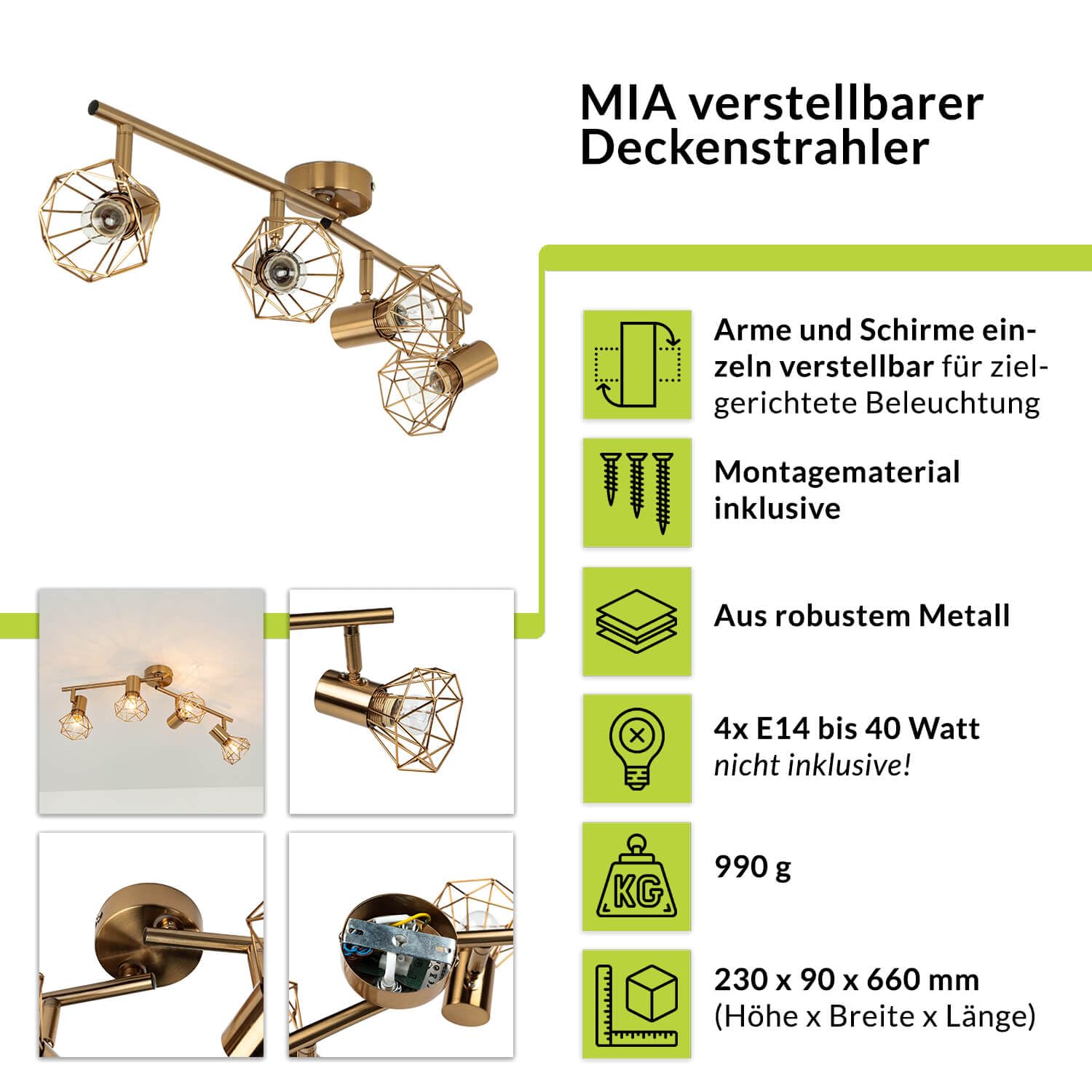 Licht-Erlebnisse Lampada da soffitto con 4 faretti orientabili in metallo ottone 4x E14 oblungo camera da letto soggiorno cucina corridoio plafoniera interna spot faretto