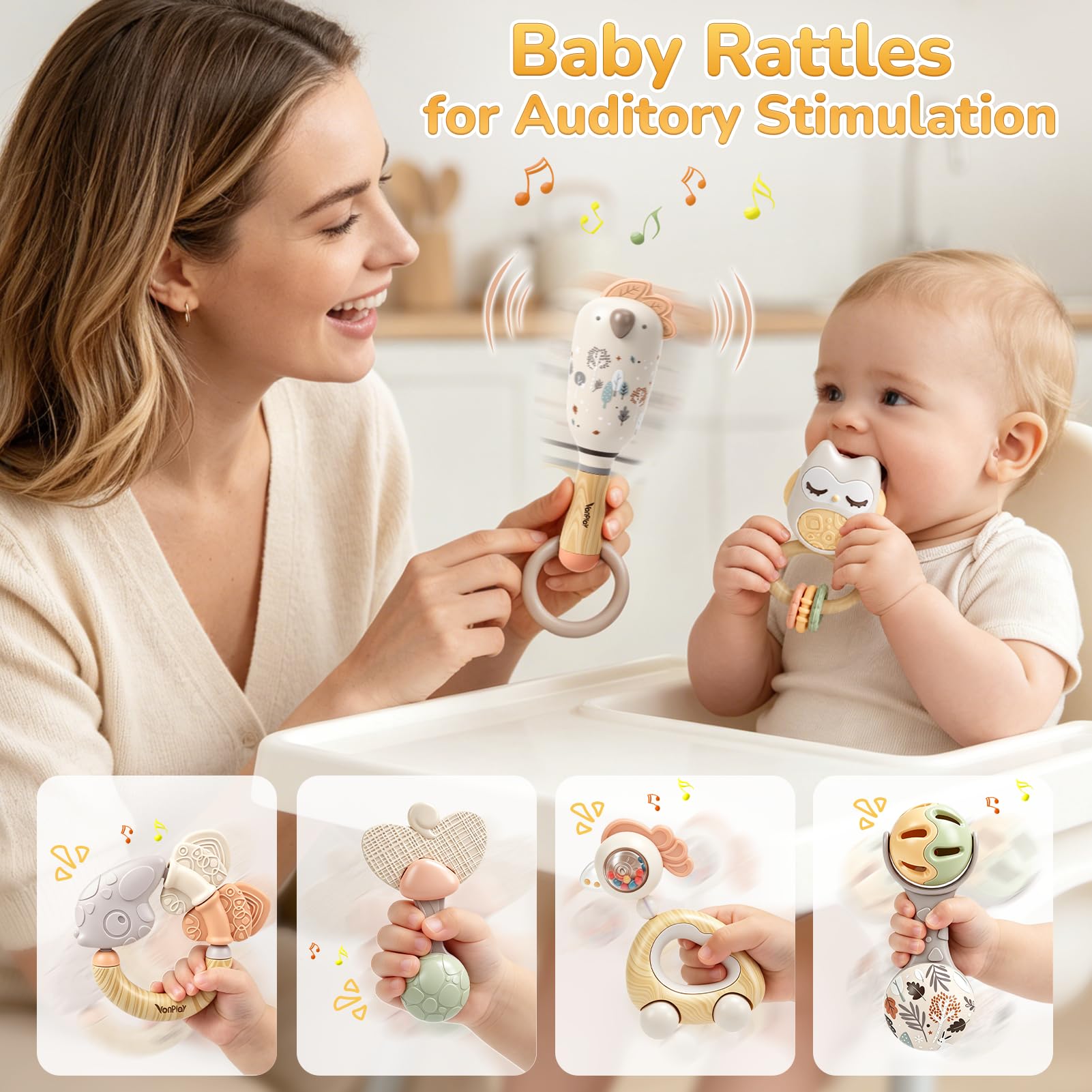 Sonajero Bebe 0-3 Meses, Mordedor Montessori Juguete Bebe 0-3 6 9 Meses Regalo Recien Nacido Niño