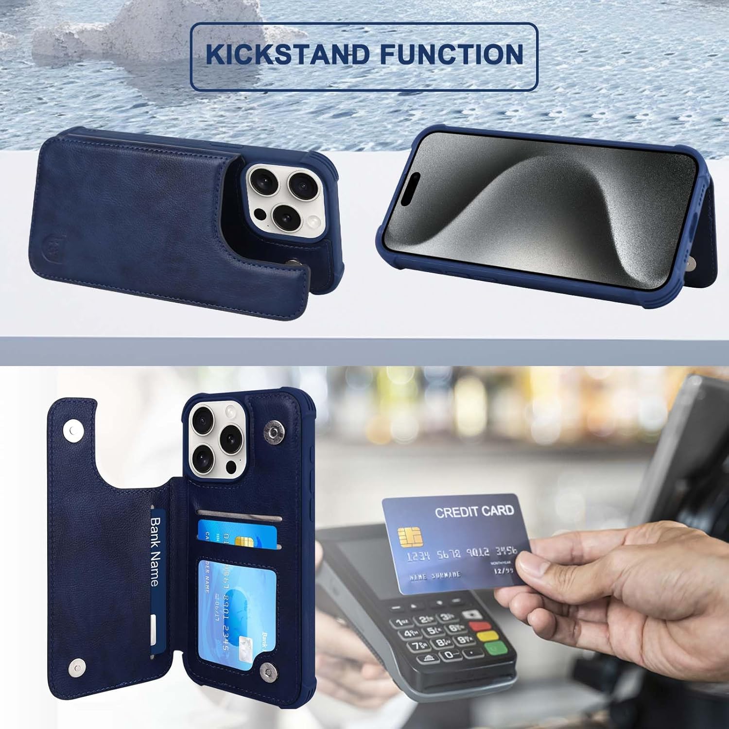 VANAVAGY Wallet Case Compatible for iPhone 15 Pro Max for Women Men with Credit Card Holder,RFID Leather Flip Folio Cover Fits Magnetic Car Mount Stand with Screen Camera Protector,Navy Blue