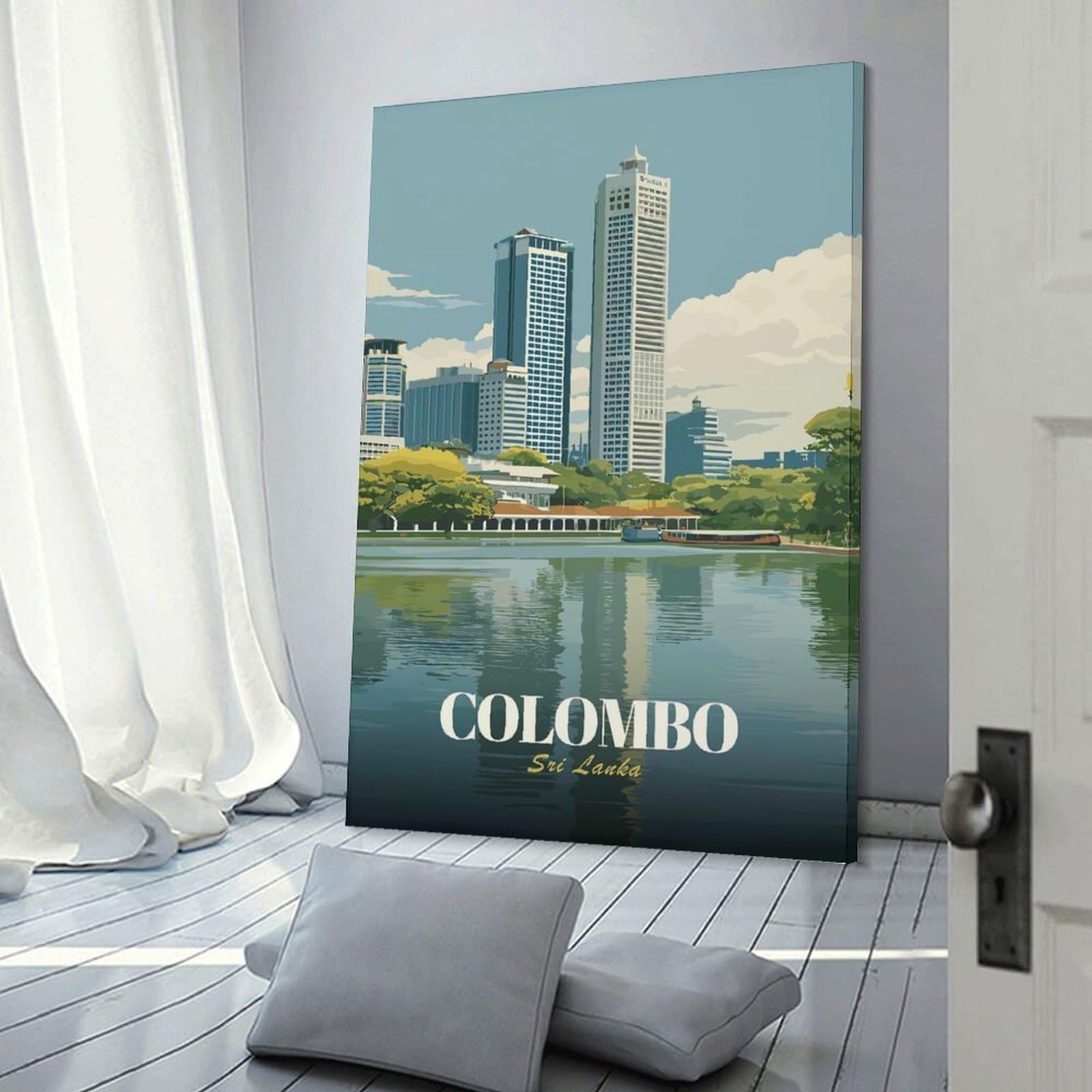 Junmoney Colombo, Sri Lanka Cityscape Illustration Hanging Wall Art, 20x30inch(50x75cm), for Bedroom Walls, Guest Spaces Or Lounges, An Easy Wall Refresh for Bedrooms