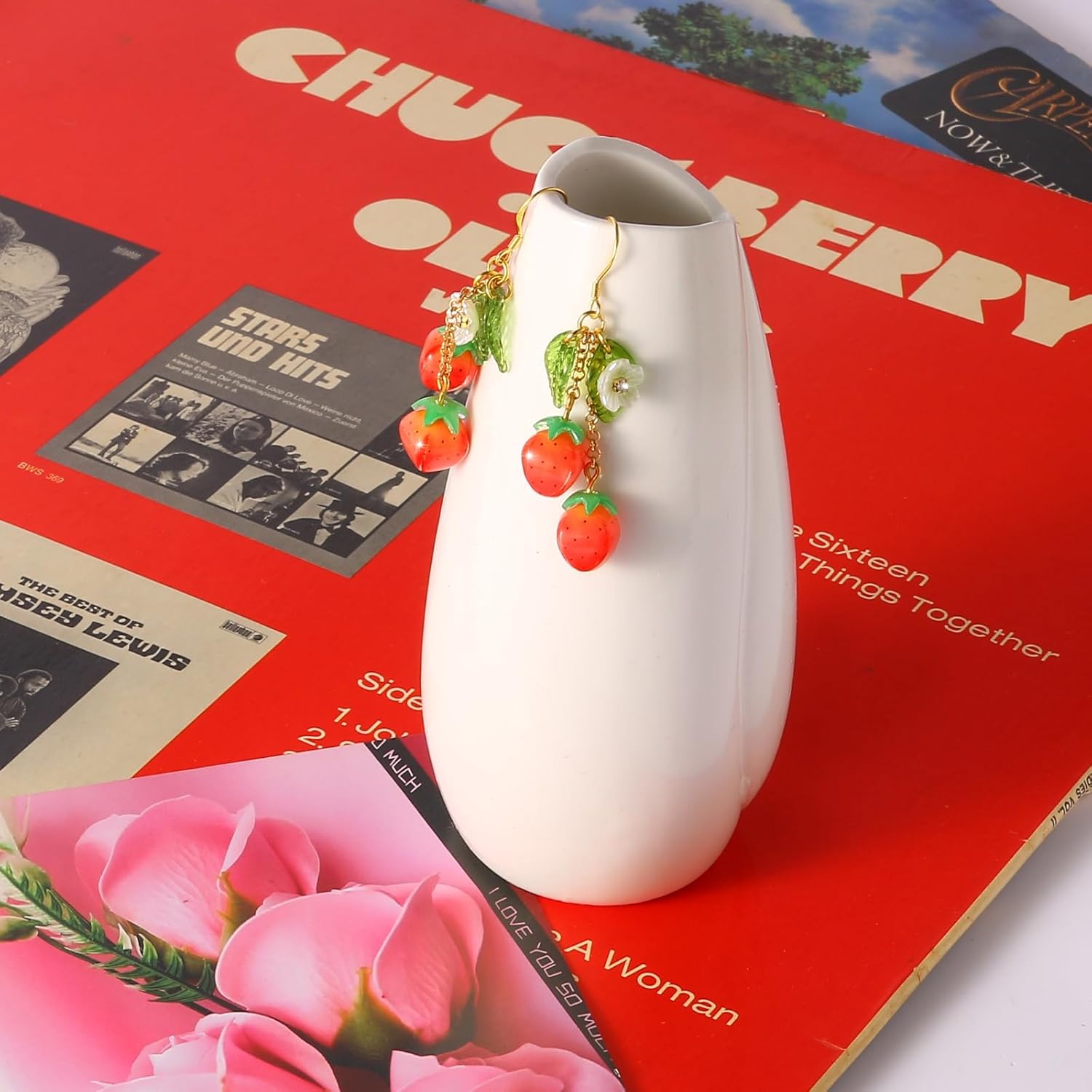 Handmade Strawberry Dangle Earrings, 925 Sterling Silver Resin Fruit Earrings, Gold-Plated Hypoallergenic Drop Earrings for Women Girls, Spring Summer Jewelry Gift