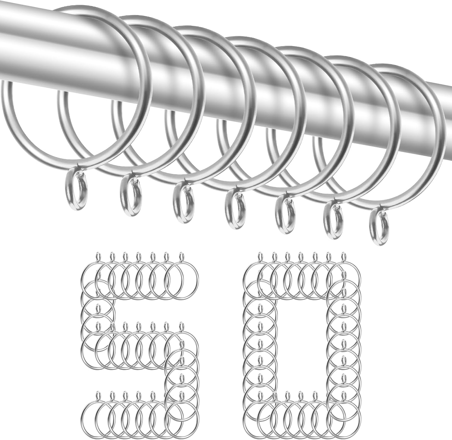 TOKPLNU Curtain Rings, 50Pack Metal Curtain Rings 38mm Large Silver Curtain Pole Rings Hanging