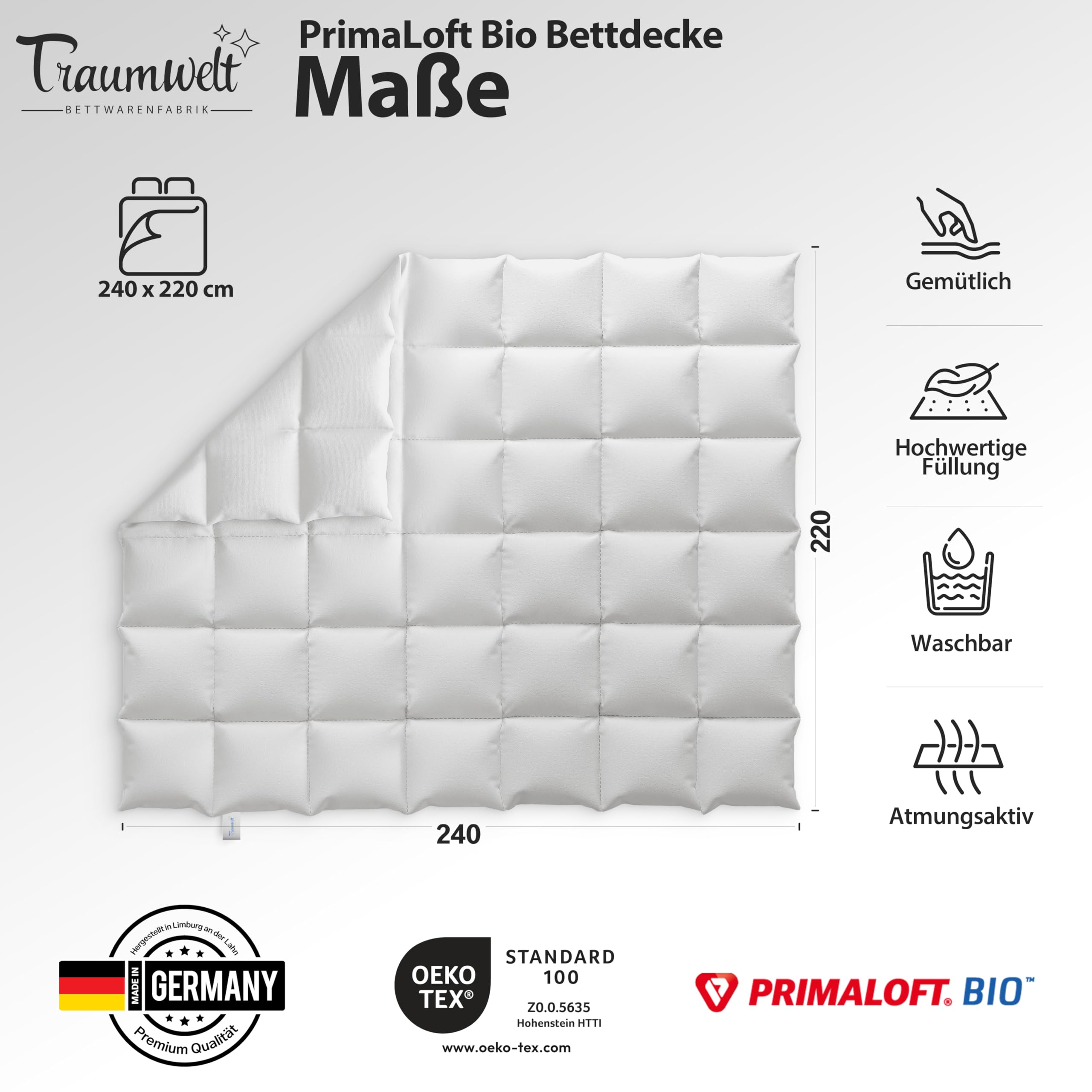 Taumwelt Natur Made in Germany Bettdecke 240x220 cm, Daunenalternative mit Primaloft Bio Mikrofasern-Füllung, für alle Jahreszeiten, Füllgewicht: 1220g, weiß, Allergiker geeignet, Öko-Tex 100