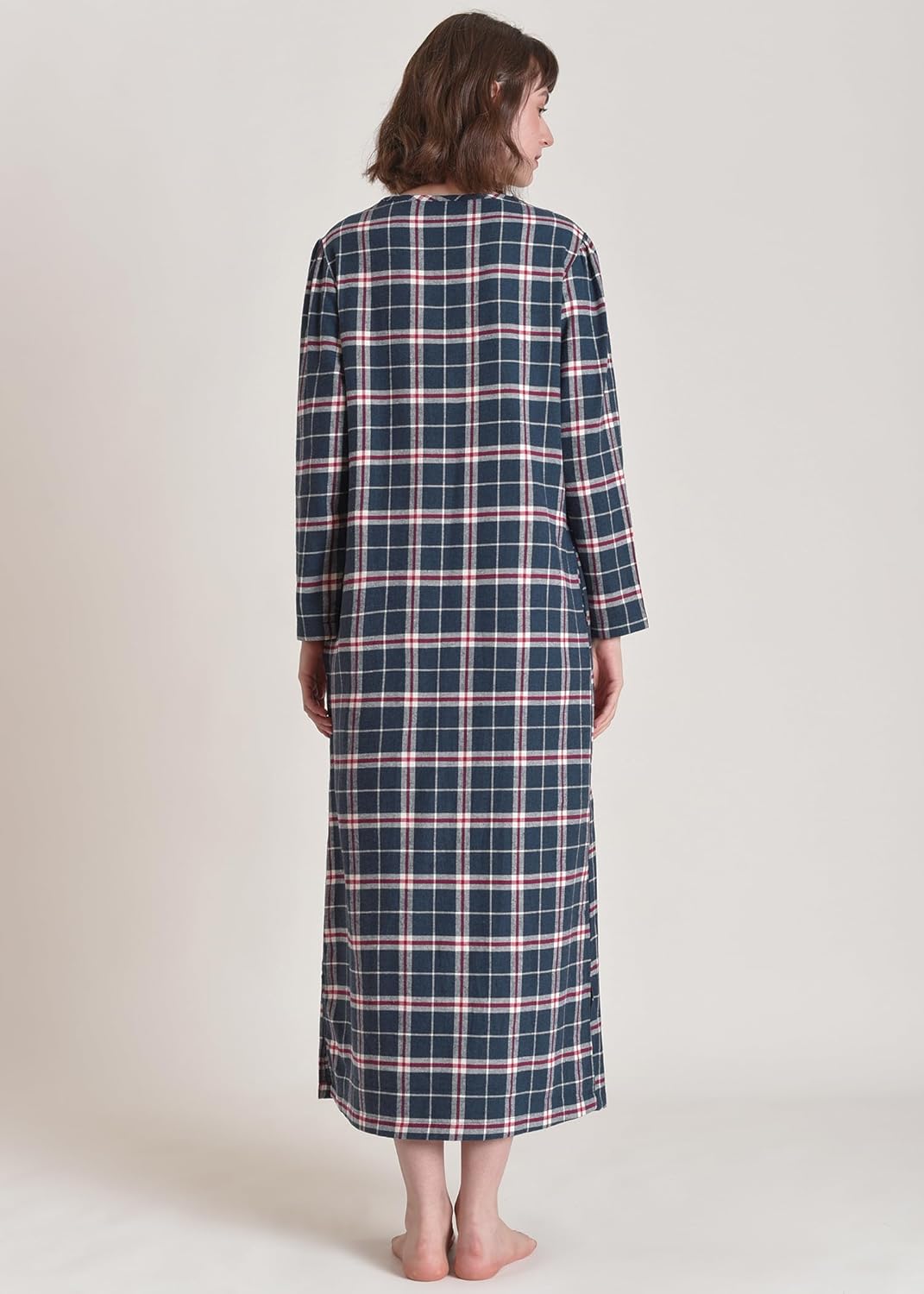 Latuza Women's Plaid Flannel Nightgown Long Sleeve V-Neck Nightgown with Pockets - Image 3