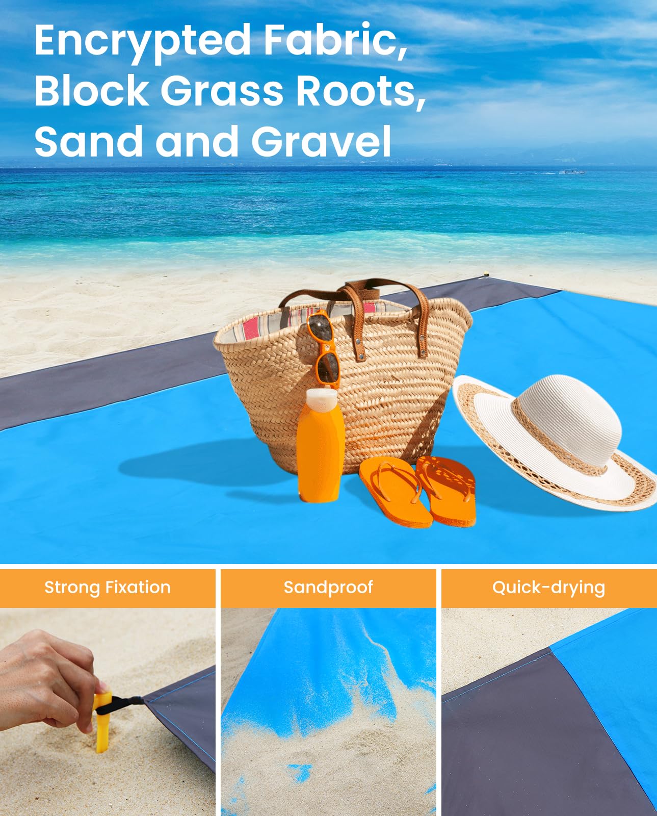 Stuoia Mare, 210x200CM Antisabbia Telo Mare Grande, Asciugatura Rapida Poliestere Stuoia Spiaggia, Asciugamano Mare con 4 Chiodi da Fissaggio, Portatile Coperta picnic Leggero per Viaggio, Campeggio