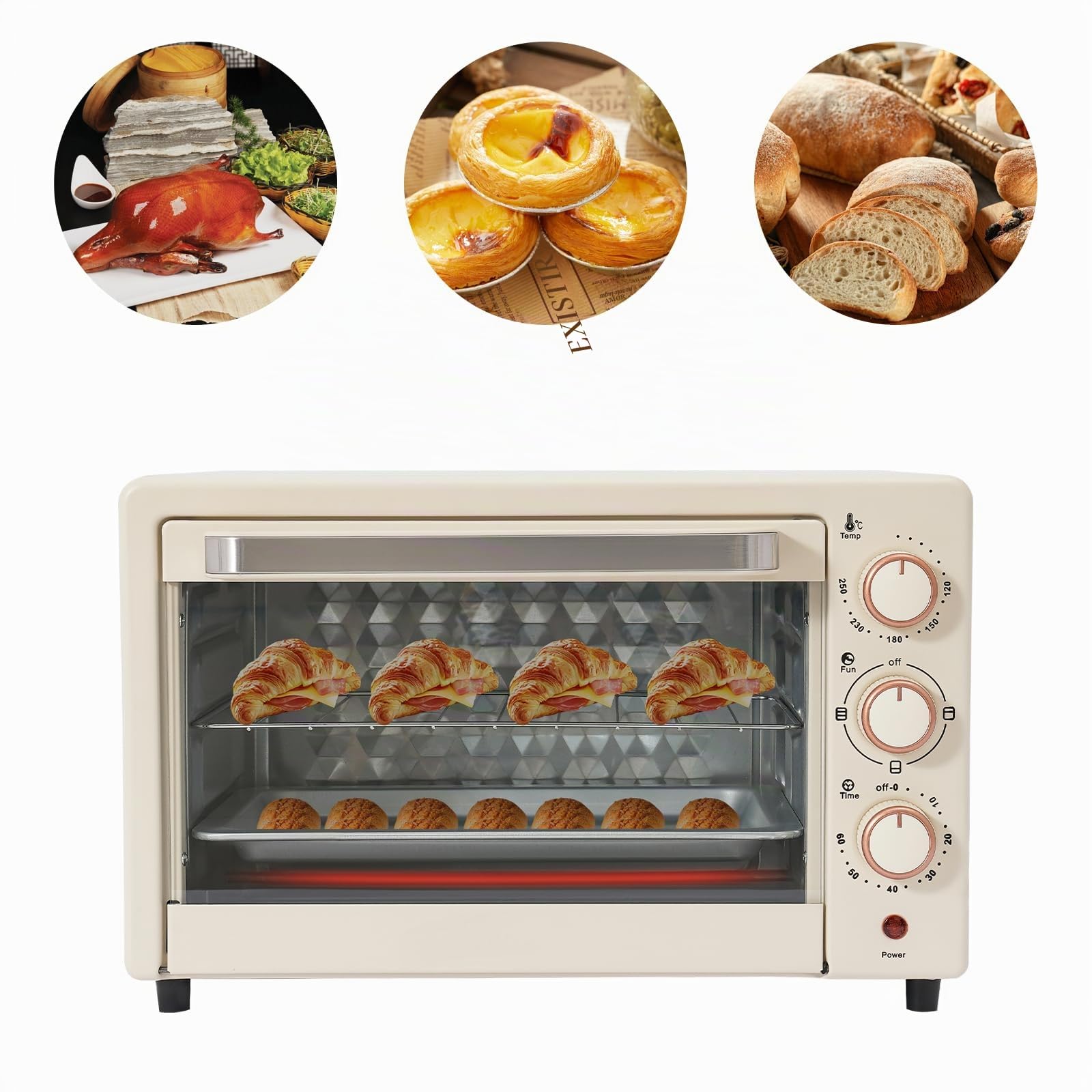 Mini horno de 22 litros | horno | temporizador de 60 minutos | 1000 W | temperaturas de 120 °C a 250 °C para pollo asado, pizza, salchichas, tartas de huevo