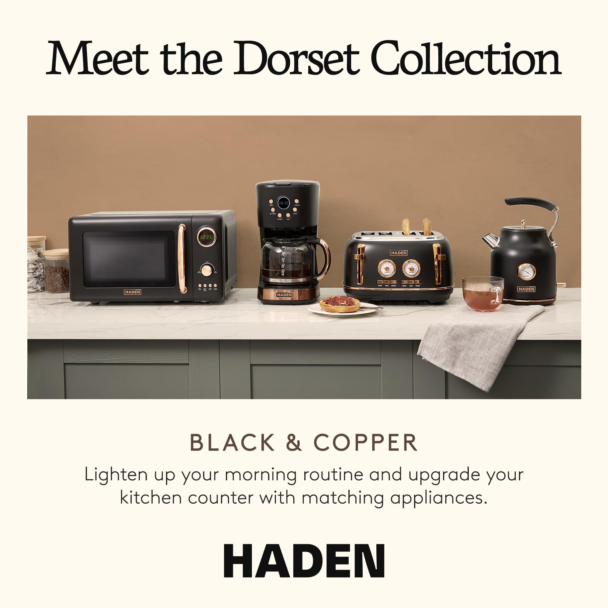 Haden Dorset 2-Slice Wide-Slot Toaster, Stainless-Steel Bread Toaster with Adjustable Browning Control, Crumb Tray & Non-Slip Feet, Black & Copper