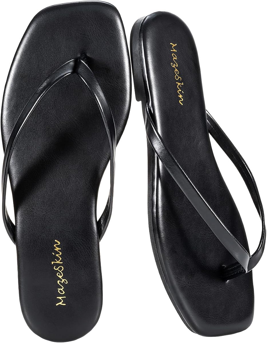 Womens Memory Foam Flip Flops Leather Flat Sandals