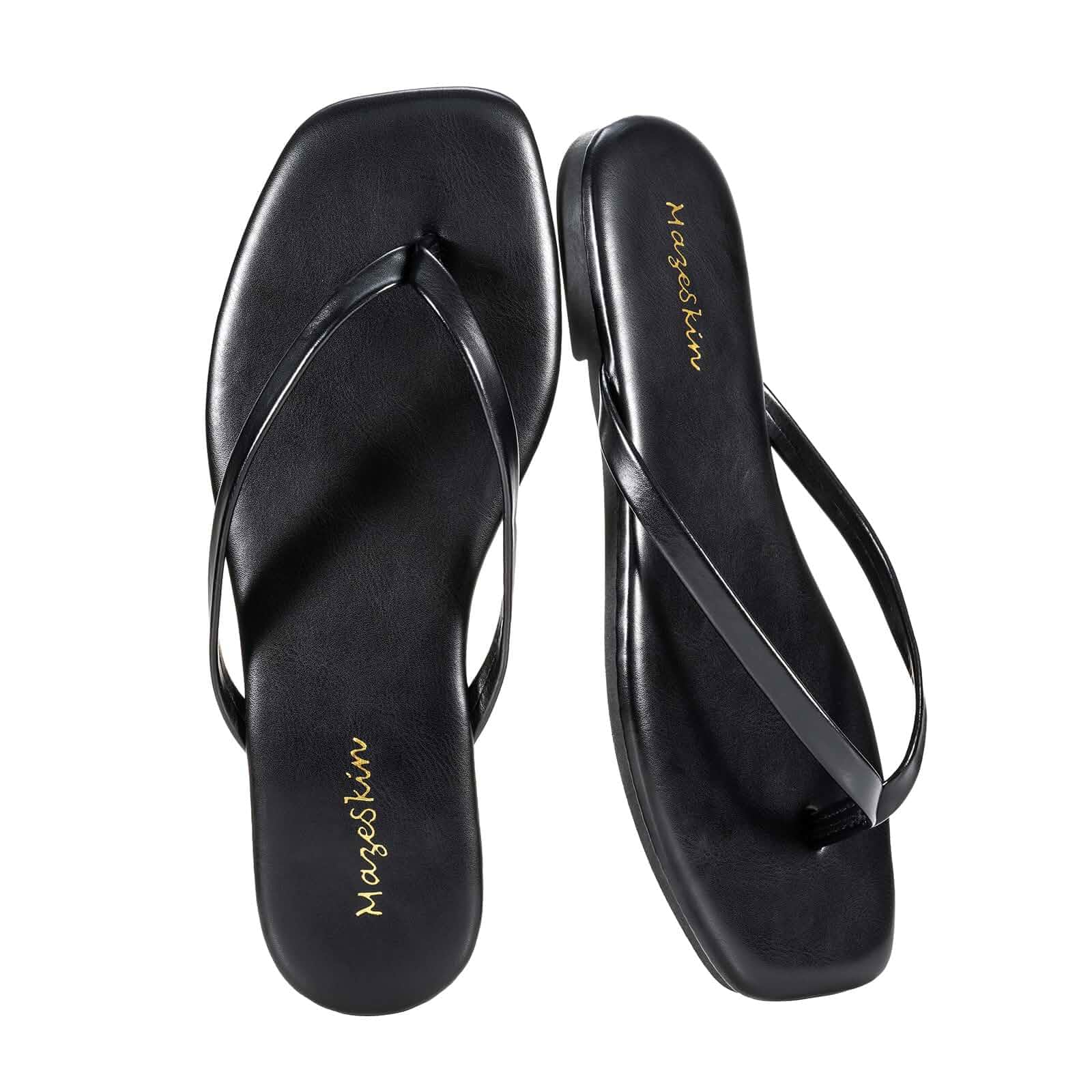 mazeskin Womens Memory Foam Flip Flops Leather Flat Sandals Vegan Leather Square Toe Cushion Summer Casual Comfortable Slim Thong Beach Slide Shoes Non Slip