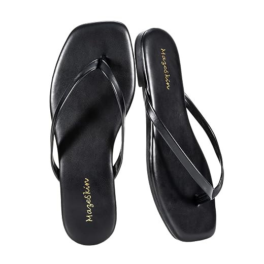 mazeskin Womens Memory Foam Flip Flops Leather Flat Sandals