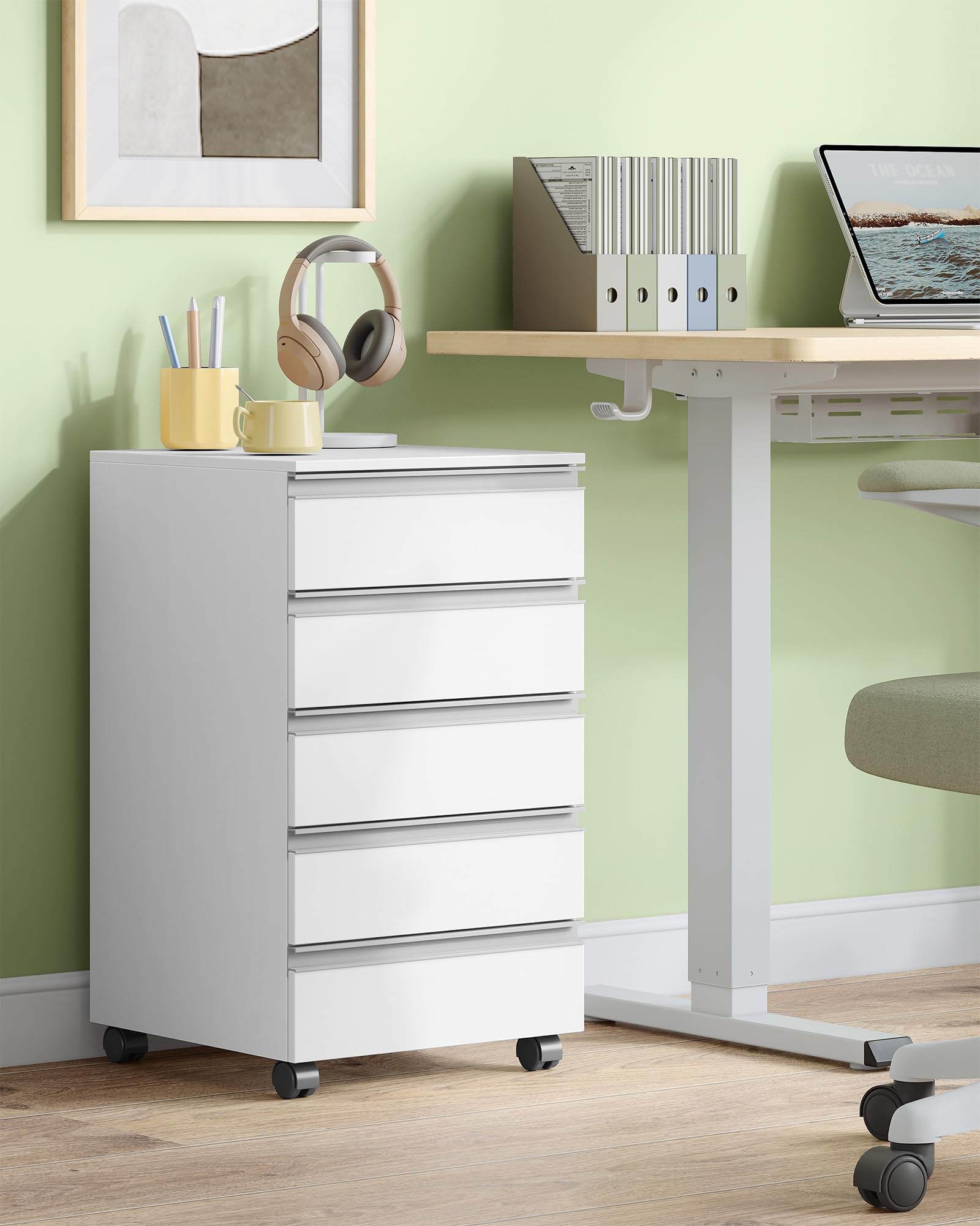 Hzuaneri Rollcontainer, mobiler Aktenschrank, Schubladenschrank mit 5 Schubladen, Lagerschrank für Büro und Homeoffice, Weiß 40 x 40 x 70 cm FC55503X