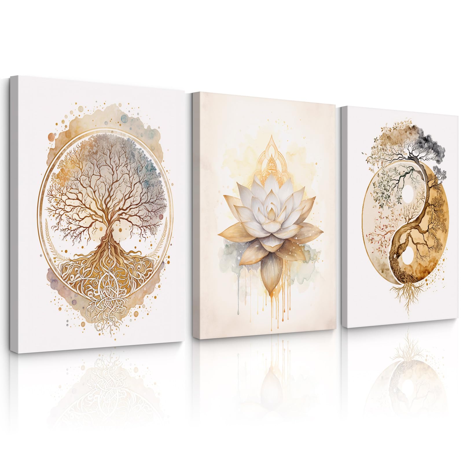 Tree of Life Wall Art Zen Lotus Canvas Wall Decor Yoga Spiritual Room Art Paintings Yin Yang Abstract Decor Artwork Spa Yoga Tree Pictures for Living Room Bedroom 12x16 Inch Wrapped Canvas Set of 3