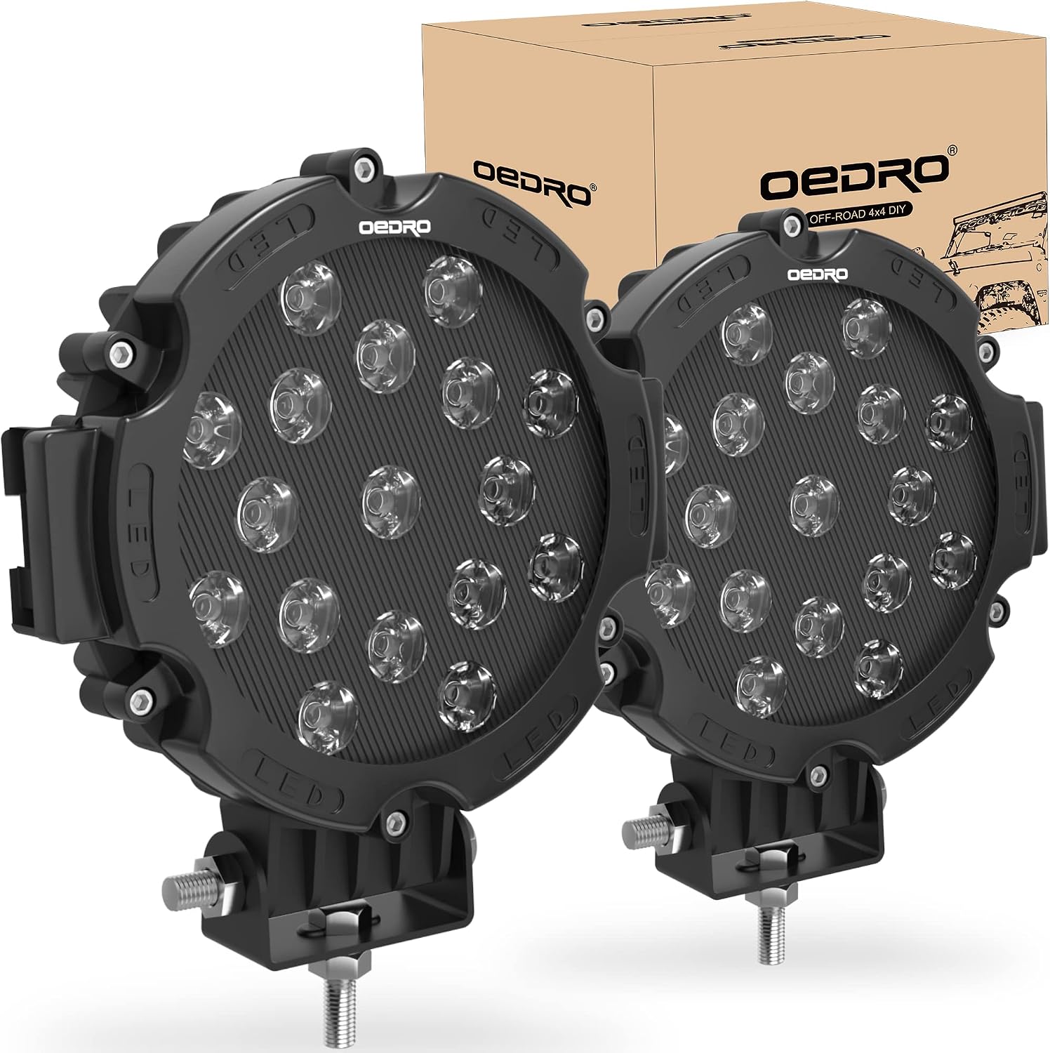 oEdRo 7 Inch 51W Round LED Offroad Lights, 5100LM Spot Driving Light Pod Bumper Roof Fog Light Fit for Boat, Jeep, ATV, SUV, Truck, Hunter, Motorcycle