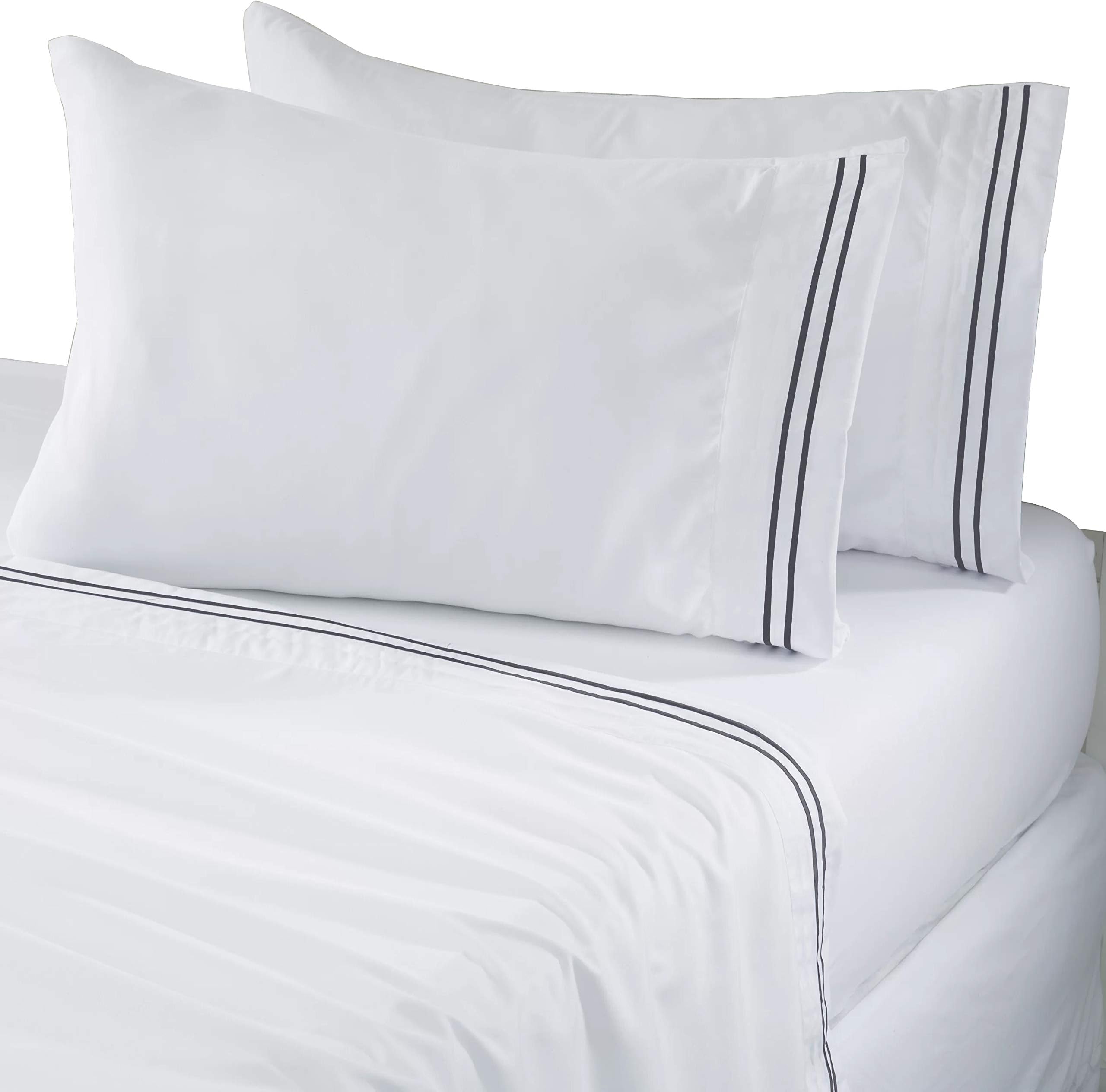 Super Soft, Light Weight, 300 Thread Count, 100% Egyptian Cotton, Twin, Wrinkle Resistant, 4-Piece Sheet Set, White with Dark Grey Solid with 2-Line Embroidery
