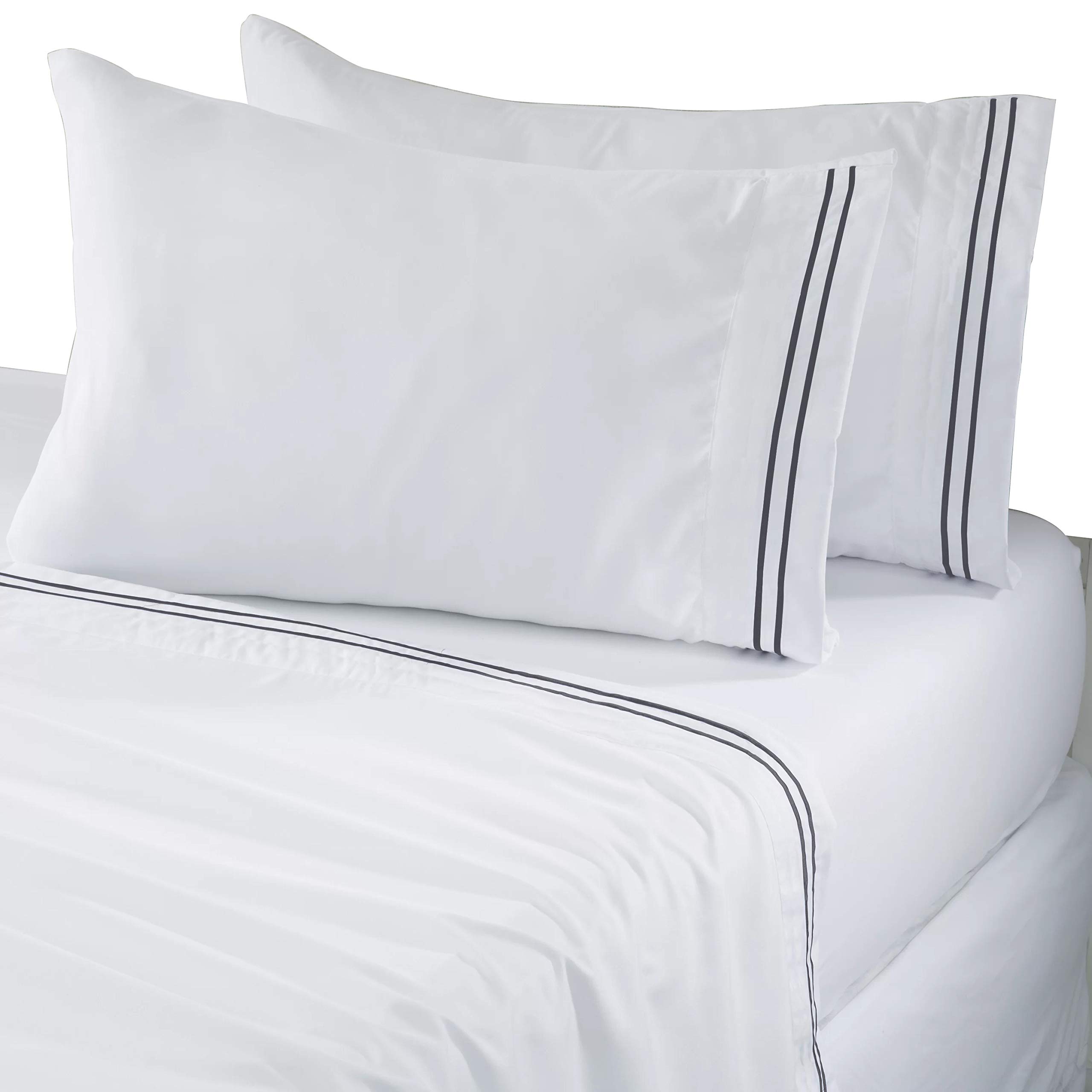Super Soft, Light Weight, 300 Thread Count, 100% Egyptian Cotton, Twin, Wrinkle Resistant, 4-Piece Sheet Set, White with Dark Grey Solid with 2-Line Embroidery