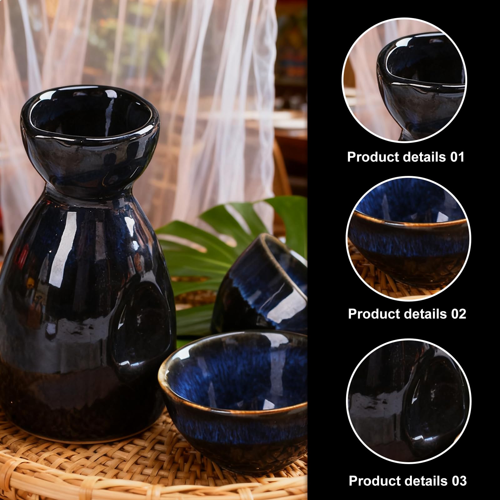 GOEDCH Set di sake tradizionali giapponesi: set di vino di riso blu per stile giapponese, include 4 tazze per sake e 1 vaso per sake, set di sake artigianale per la casa ristorante