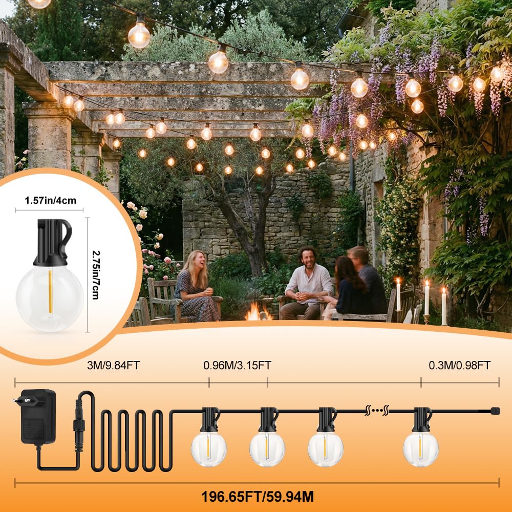 Lichterkette Led Außen Strom 60M - 60+2 G40 Glühbirnen Outdoor Lichterketten mit Timer Fernbedienung Wasserdicht Garten Beleuchtung Außen Innen Dekoration Balkon Hochzeit Party Pavillon