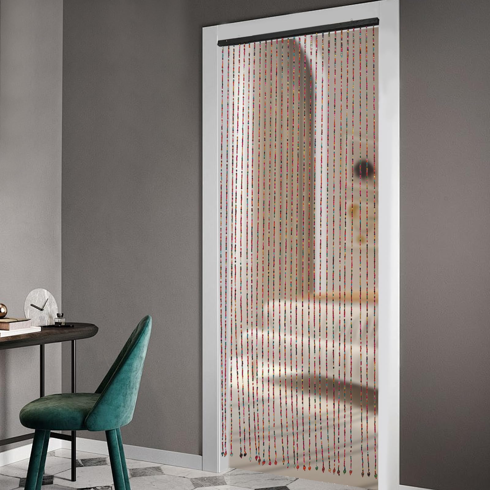 90 x 175 cm - Rideau de porte - 27 brins - Style bohème - En bambou - Fait main - En perles de bois - Multicolore - Arc-en-ciel