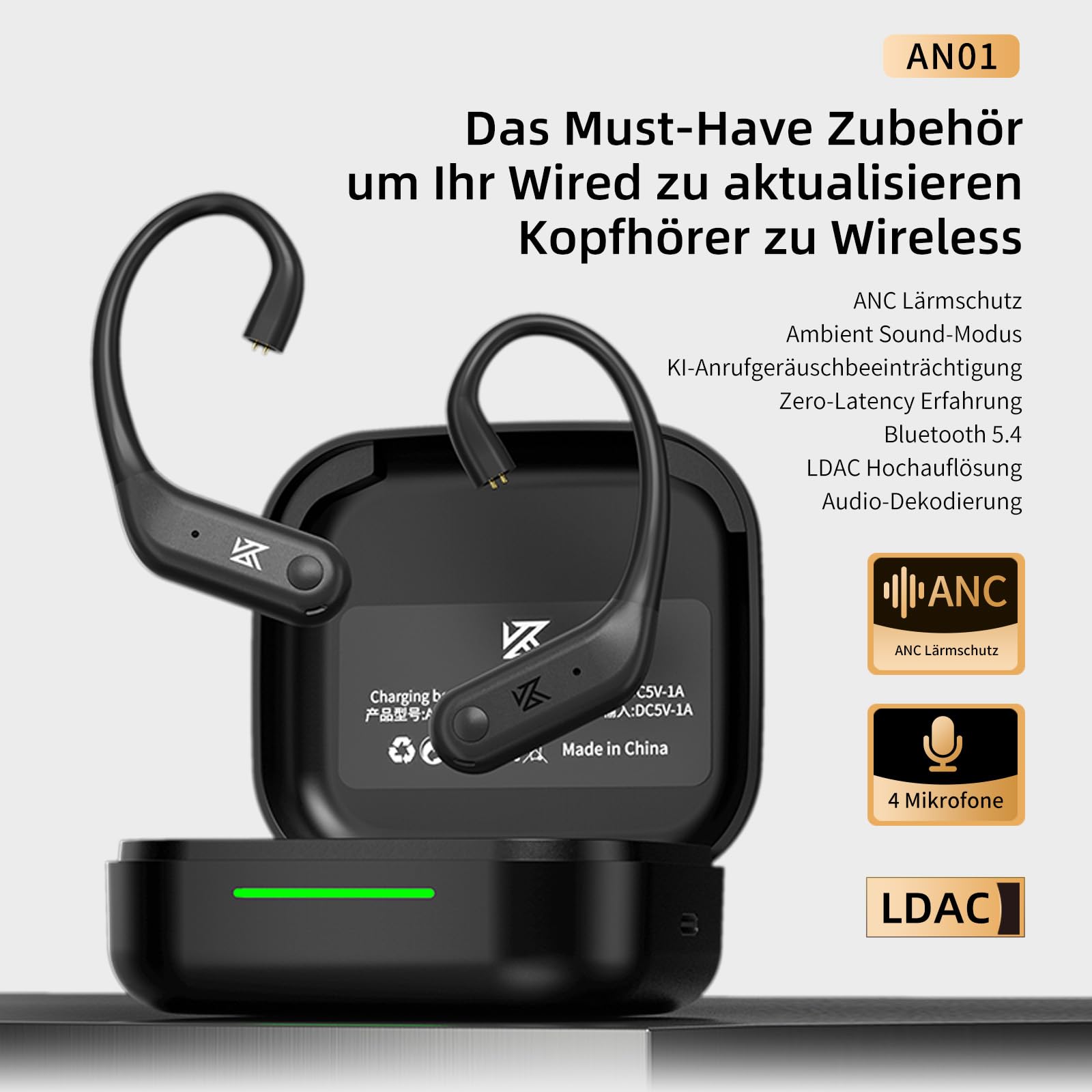KZ AN01 IEM Adattatore Bluetooth per cuffie, Modulo per cuffie Bluetooth 5.4 True Wireless, cuffie wireless con gancio auricolare e cancellazione attiva del rumore (ANC), 40 ore di riproduzione