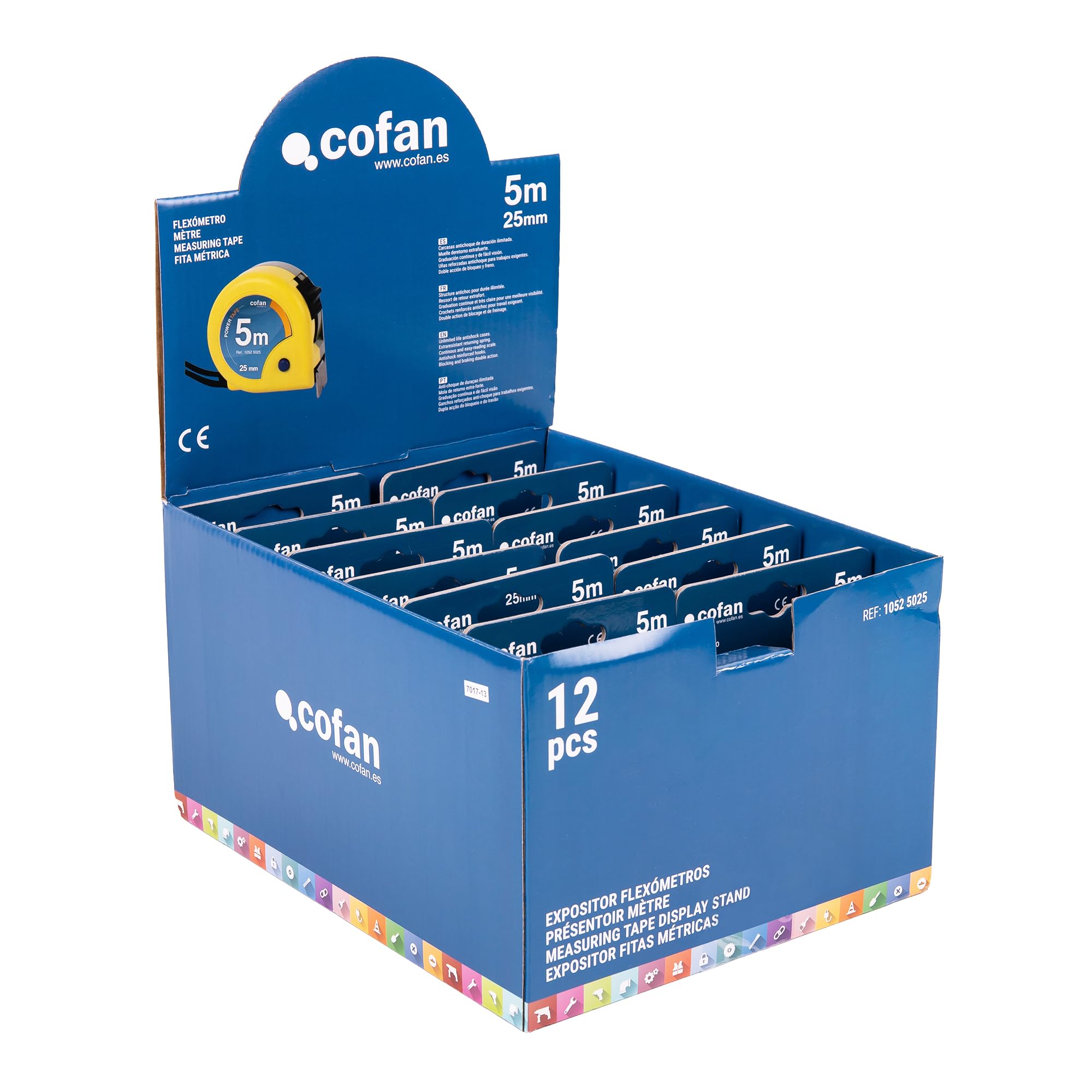 Cofan Cofan - Espositore per flessometri con blocco a lama, include 12 flessometri | Flexometro 5 m x 25 mm (foglia) | Misura espositore: 22 x 28 x 15,5 cm
