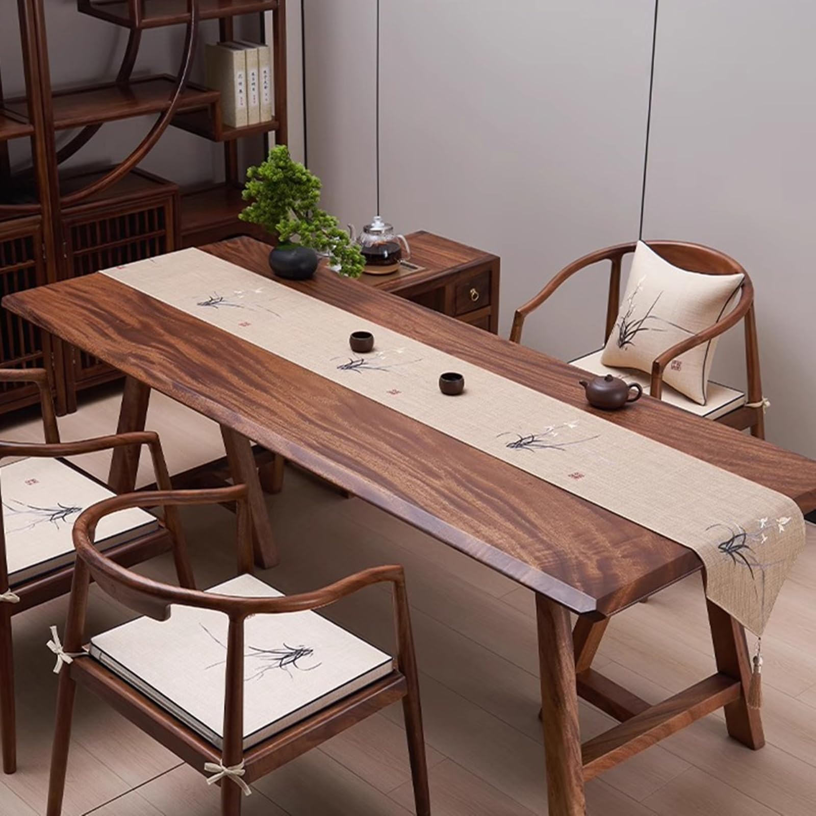 Camino de Mesa Decorativo para Mesa Comedor Poliéster, Camino de Mesa Boda 33x180 cm, Bordado con Temática Zen Y Aspecto de Lino