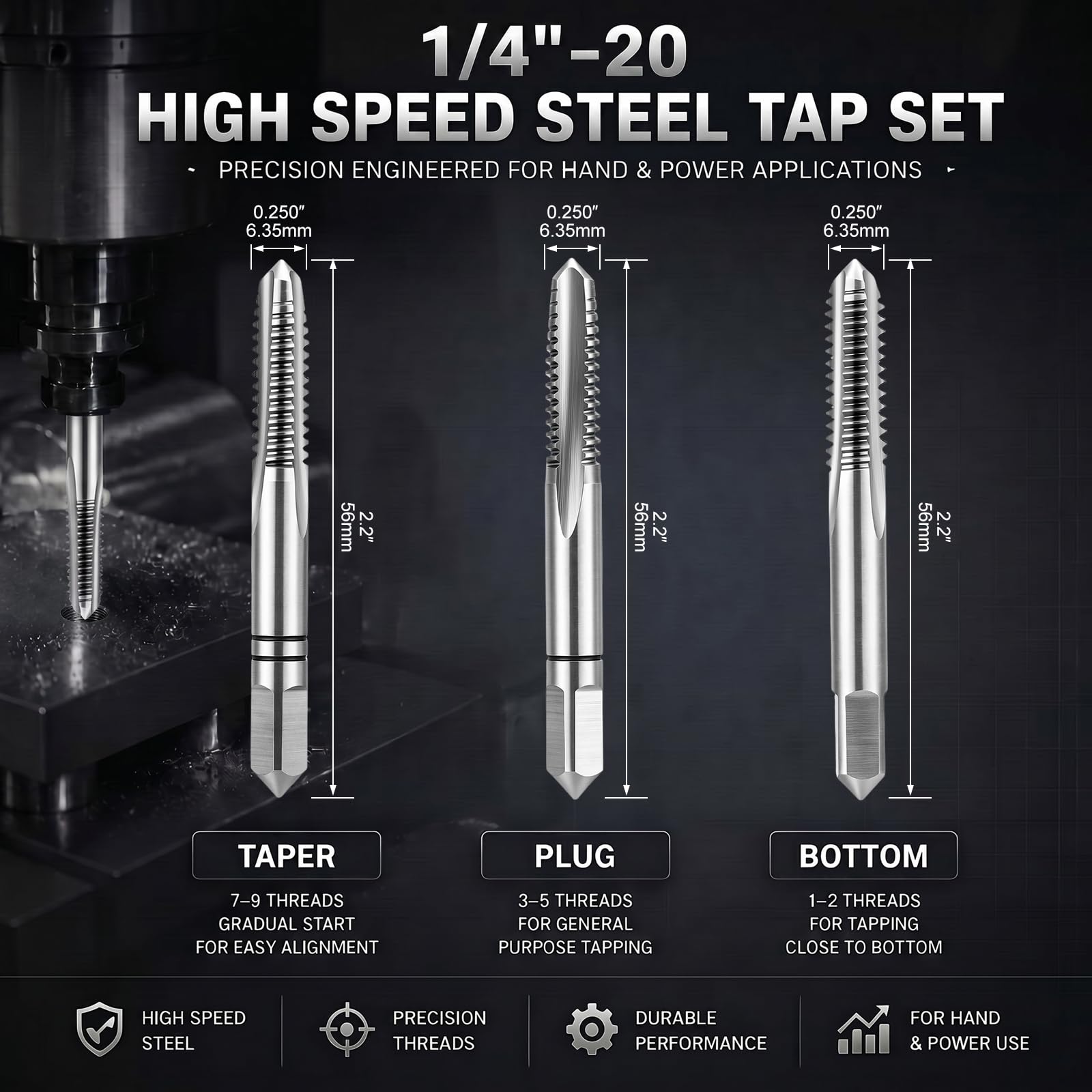 Gisafai 3-Piece HSS Tap Set - 1/4"-20 -2 Gisafai 3-Piece HSS Tap Set - 1/4"-20 -2