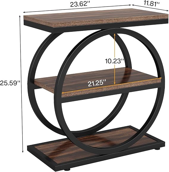 Tribesigns End Table, Narrow End Table with 3 Storage Shelves, Wood Side Table with Black Metal Frames, Industrial Small Sofa Side Table for Living Room, Slim Nightstand and Bedside Table for Bedroom