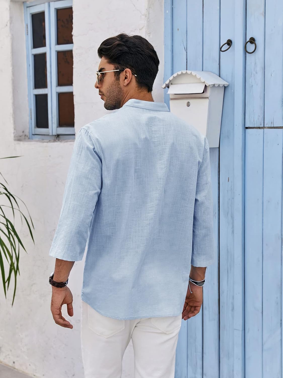 Mens Linen Cotton Henley Shirts Lightweight Button Up Casual Tees 3/4 Sleeve Beach Plain Pullover V Neck Summer Tops - Image 4