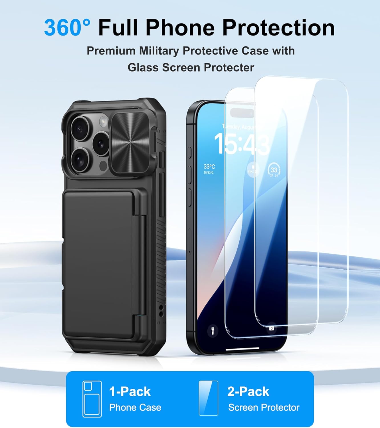 BXYJY for iPhone 16 Pro Case Wallet with Screen Protector (Tempered Glass), Card Holder (4-5 Cards), Slide Camera Cover, Military Grade Drop Proof, Heavy Duty Men Women Case for iPhone 16 Pro, Black