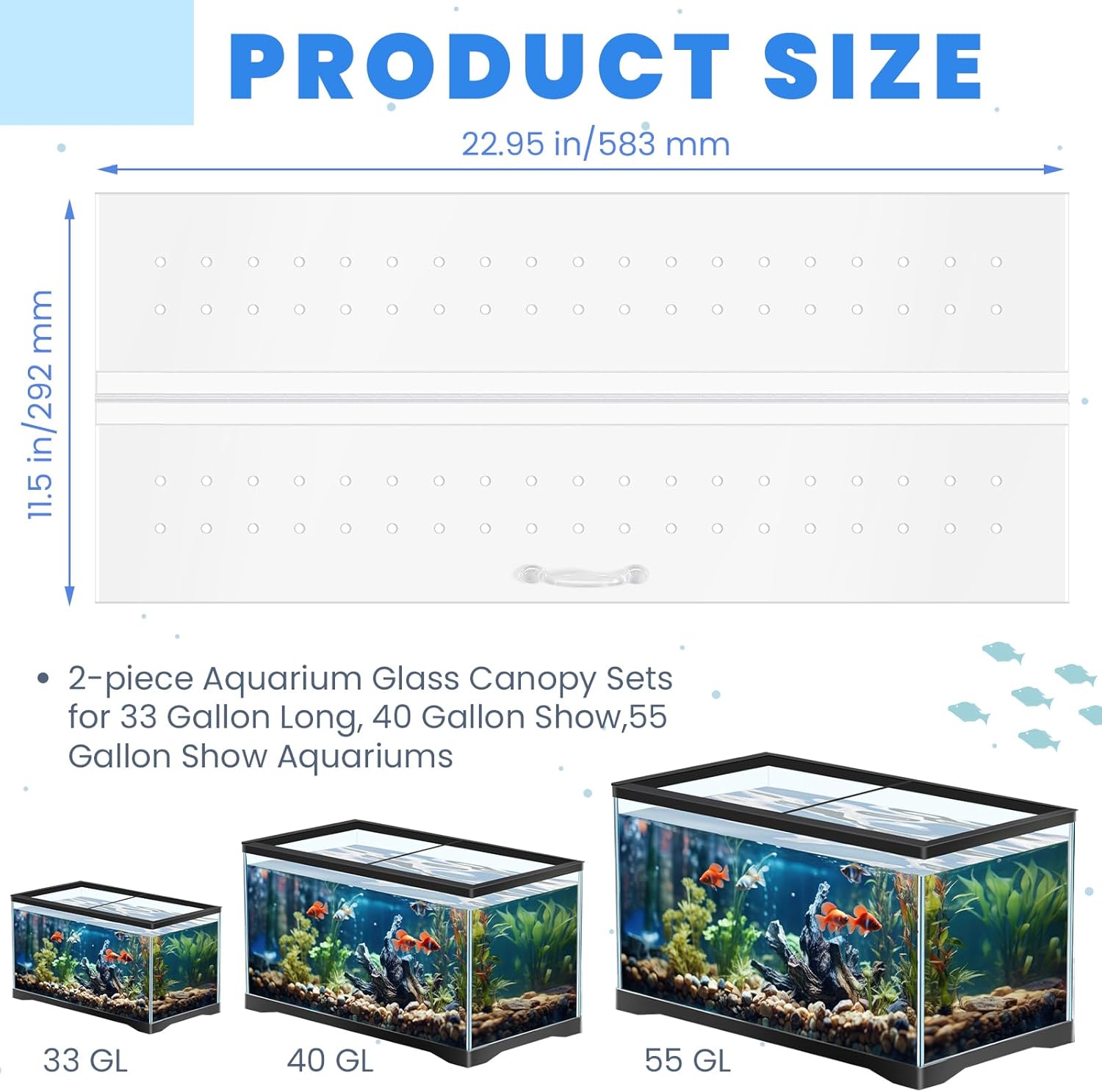 Sieral Aquarium Polycarbonate Canopy Set 2 Pcs 22.95 x 11.5 x 0.12 Inch for 33/40/55 Fish Tank with Center Brace Aquariums Cover Fish Tank Lid with a Hook Knife, Breathable Hole and Handle, Clear Clear 48x13in