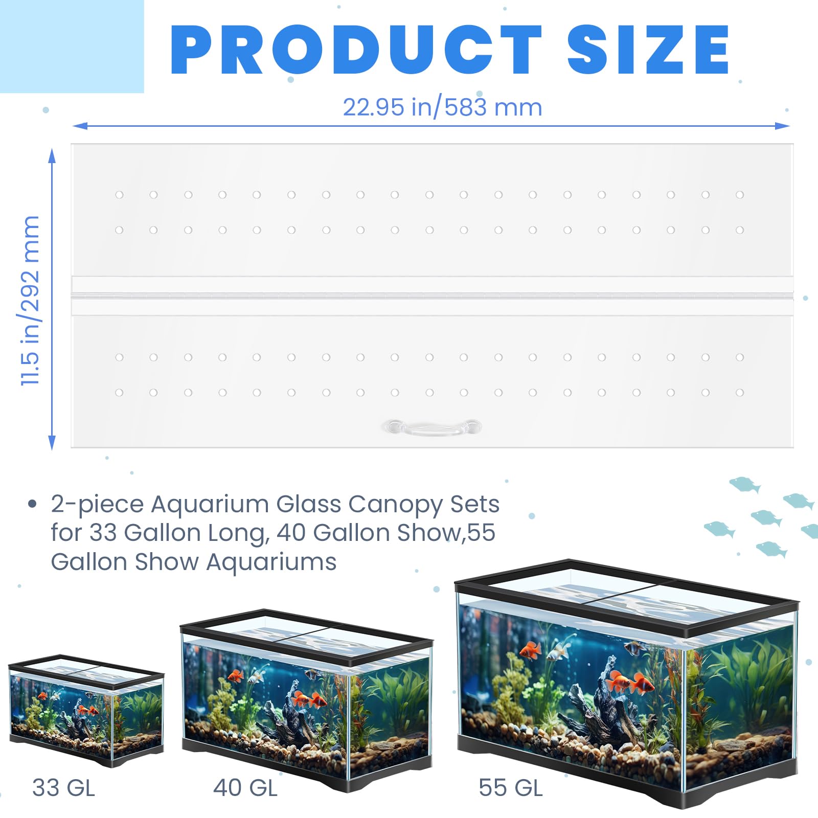 Sieral Lot de 2 auvents en polycarbonate de 58 x 29 x 0,3 cm pour aquarium de 33/40/55 avec support central, couvercle d'aquarium avec couteau à crochet, trou respirant et poignée, transparent