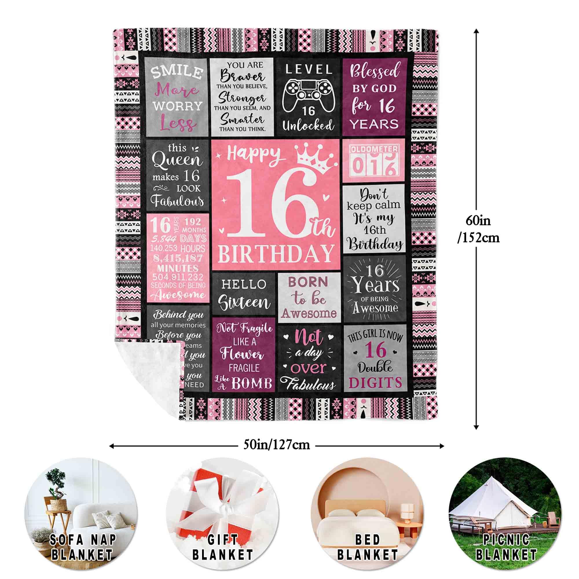 JUCIPAY Sweet 16 Gifts for Girls, 16th Birthday Gifts for Girls, 16 Year Old Girl Birthday Gift Ideas, Sweet Sixteen Party Decorations Blanket 60