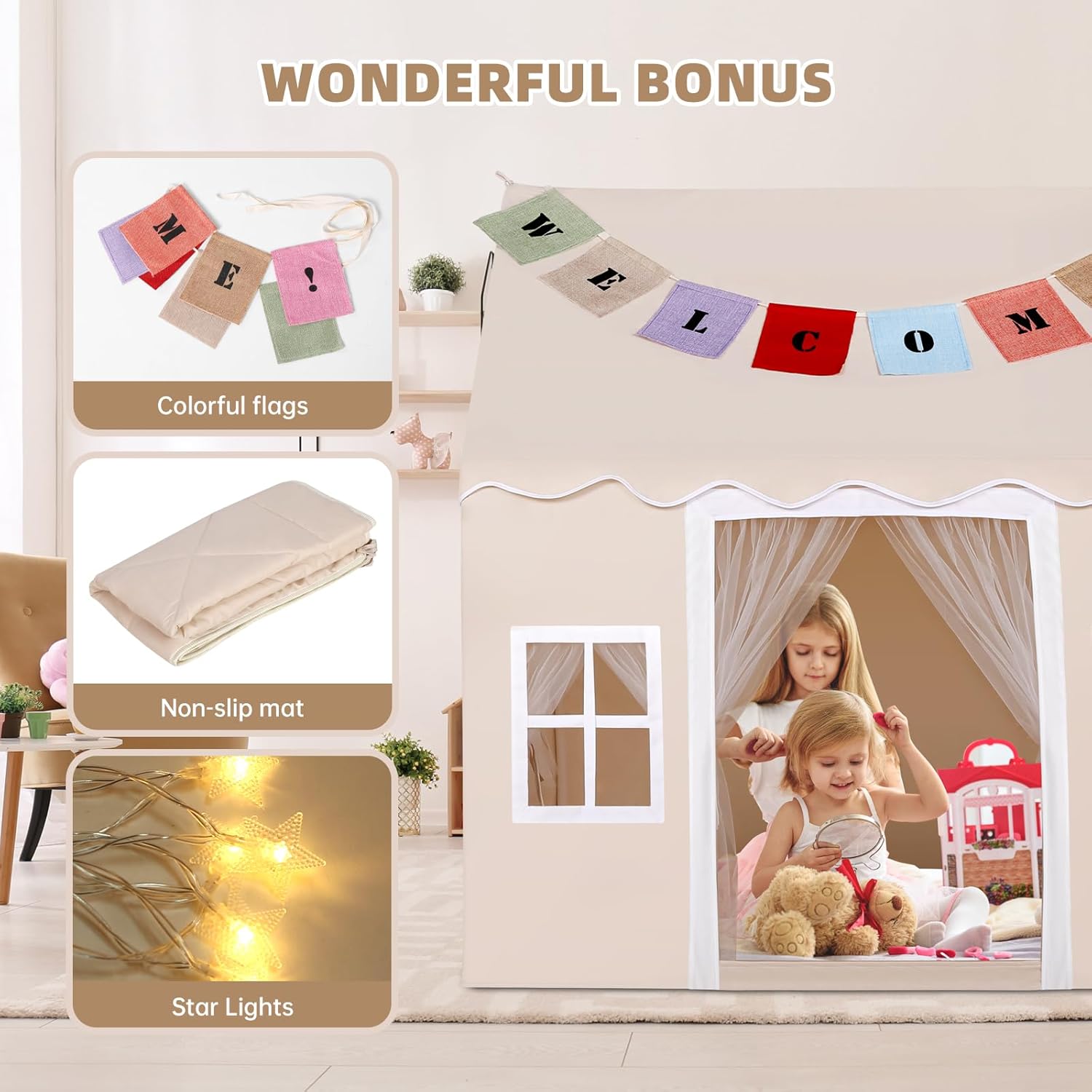 Kids Tent with Mat,Play House for Kids Indoor Outdoor,Play Tent Princess Fort Castle Playhouse for Girls Boys (Beige(Wave))