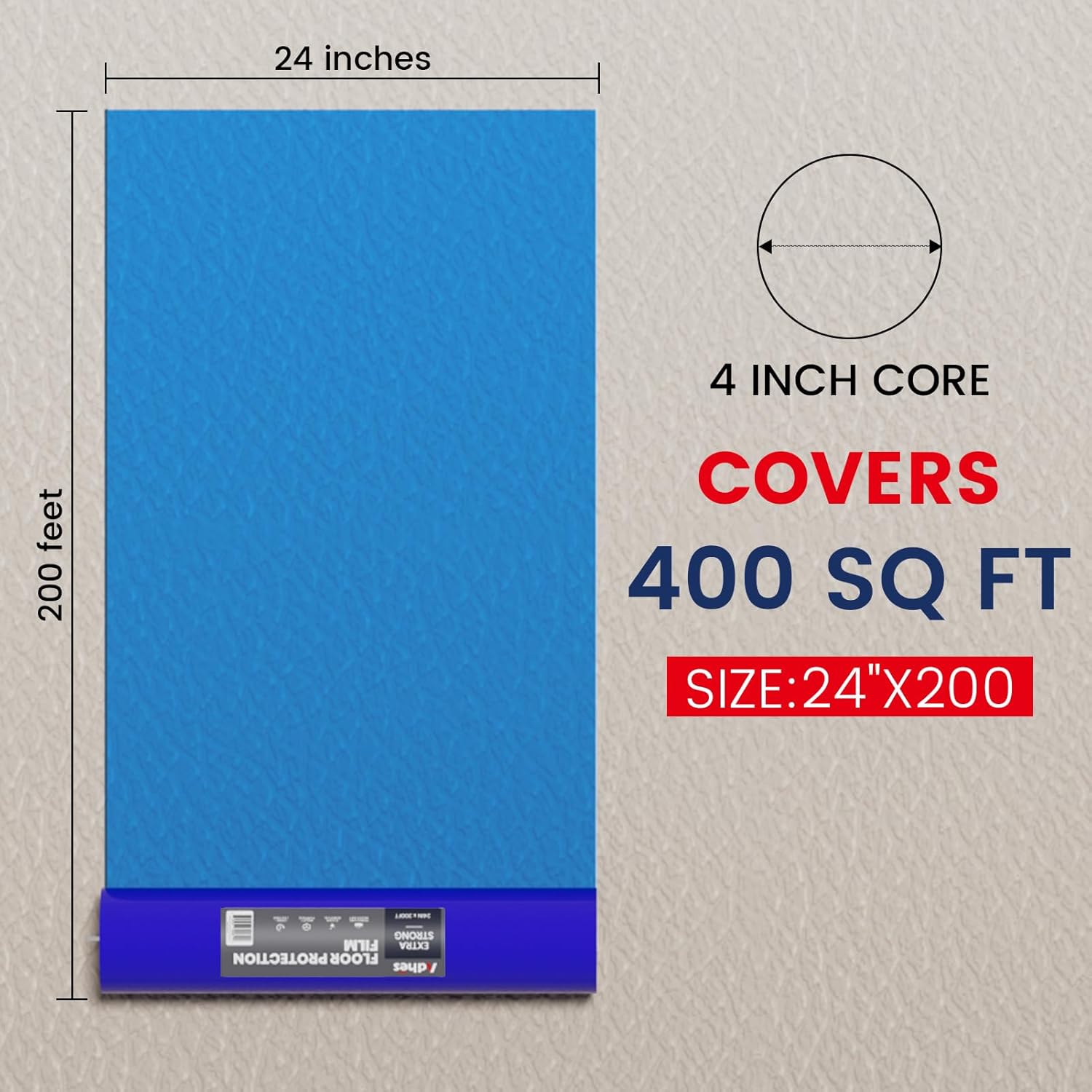 ADHES Floor Protection Film 24” x 200’ – Heavy Duty Self-Adhesive Floor Protector, Waterproof, Anti-Slip, Plastic Film for Hardwood, Tile, Vinyl, and Marble Floors