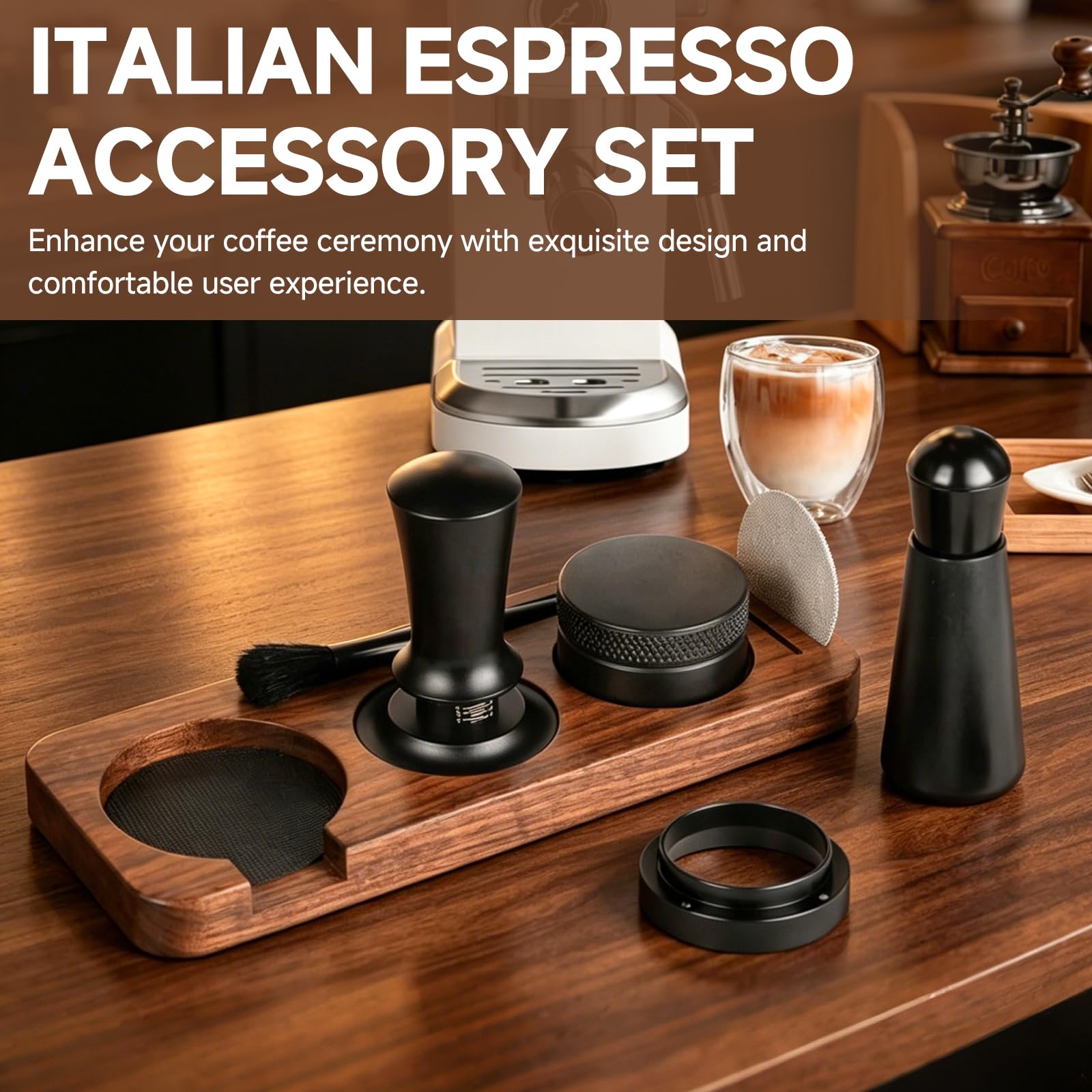 Barista - Juego de prensador de café (7 piezas, 51 mm, con estación de apisonamiento, aguja, distribuidor, anillo dosificador de 53 mm, pantalla y cepillo, acero inoxidable 304)