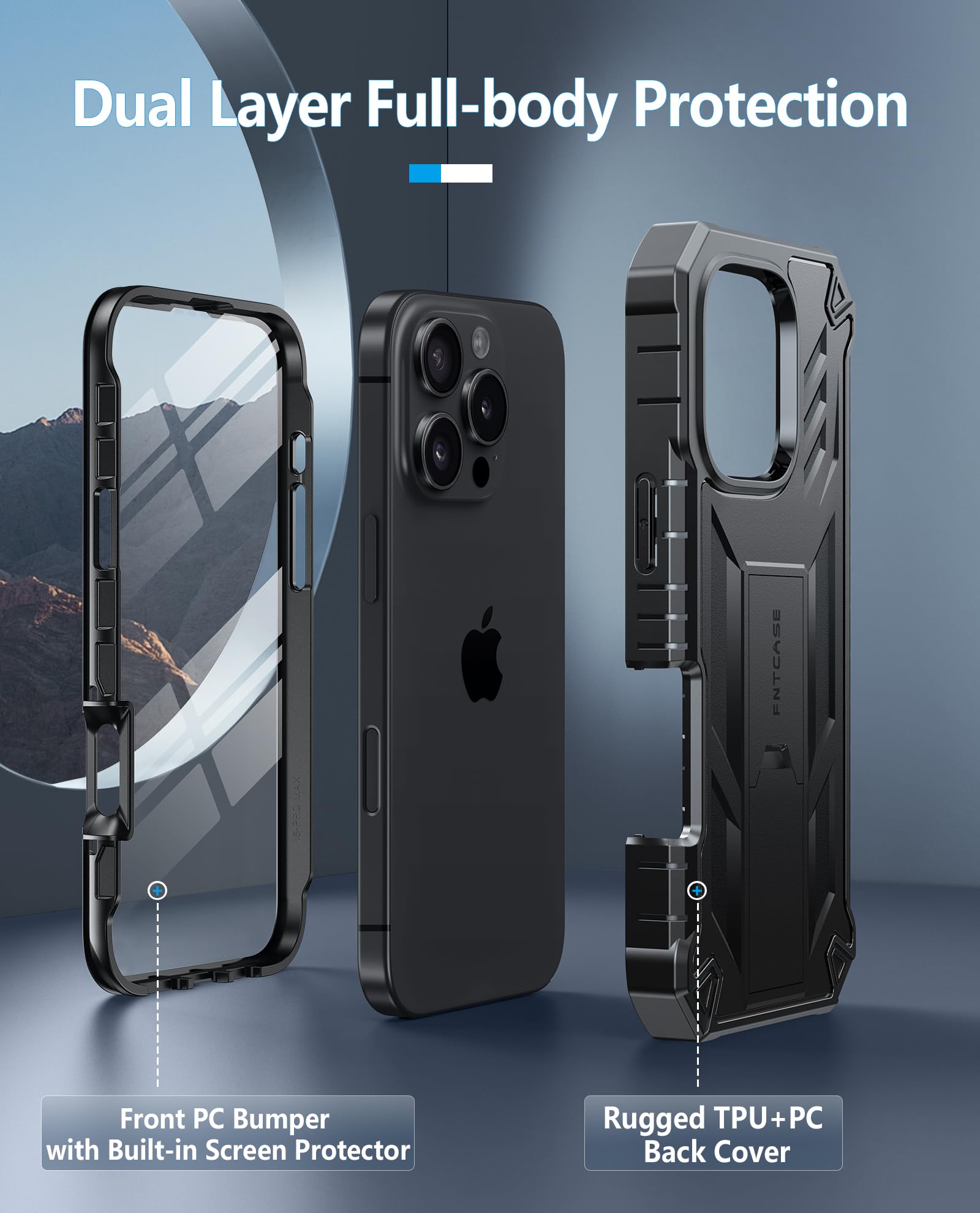FNTCASE for iPhone 16 Pro-Max Case: Military Grade Drop Proof Protection Mobile Cover with Kickstand, Black - Image 3